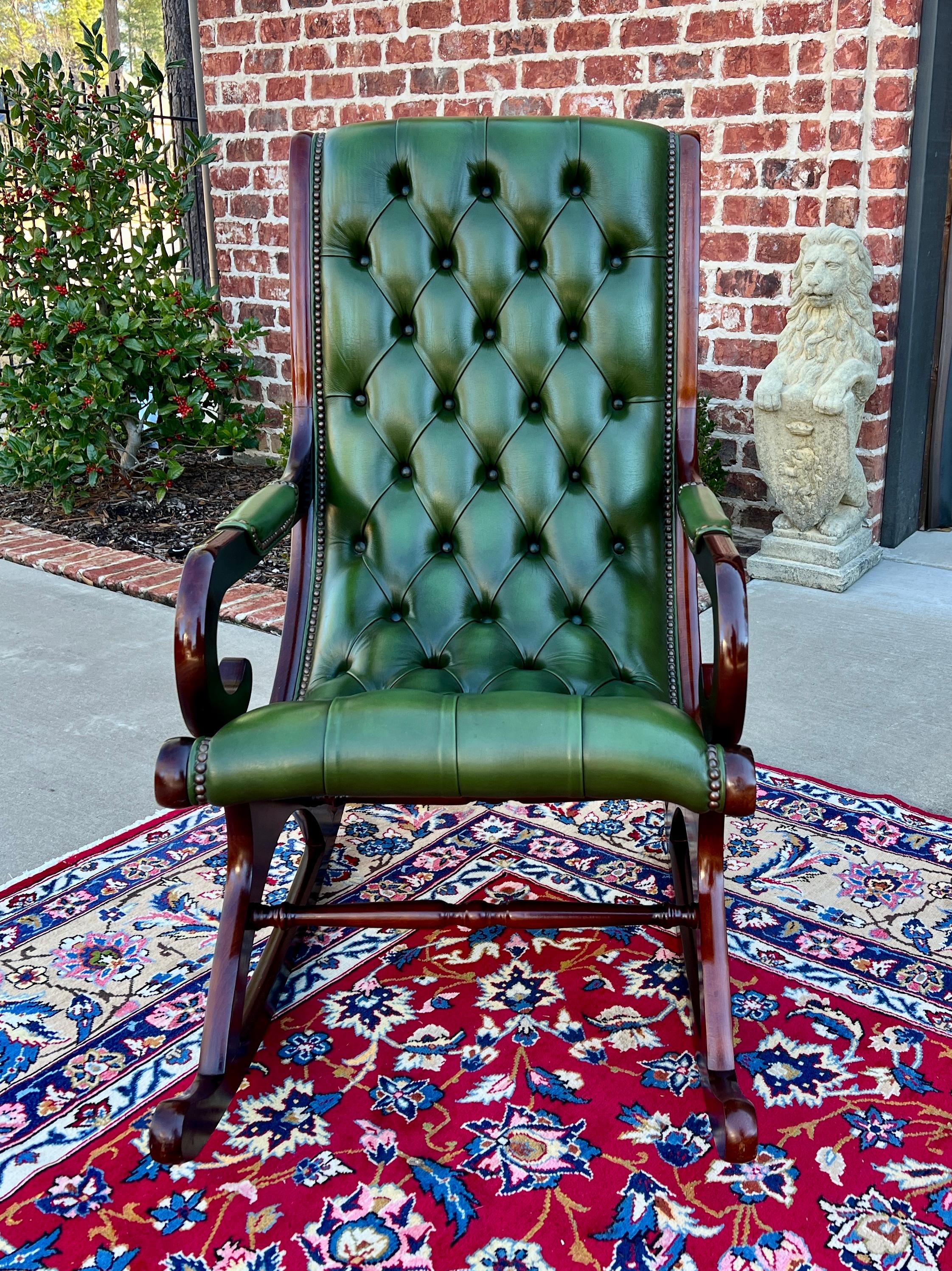 20th Century Vintage English Chesterfield Leather Tufted Rocking Chair Oak Green Mid Century