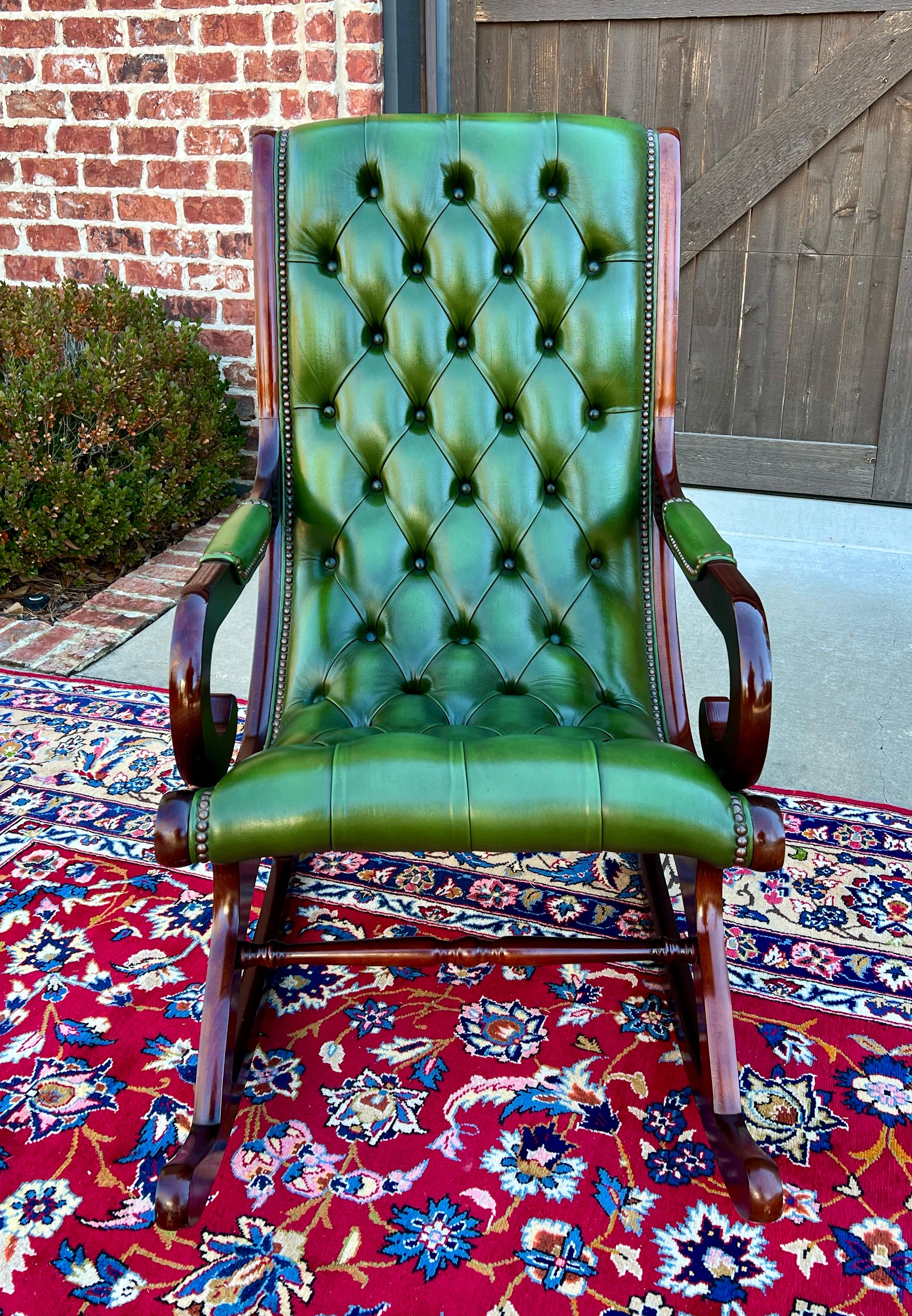 Vintage English Chesterfield Leather Tufted Rocking Chair Oak Green Mid Century 3