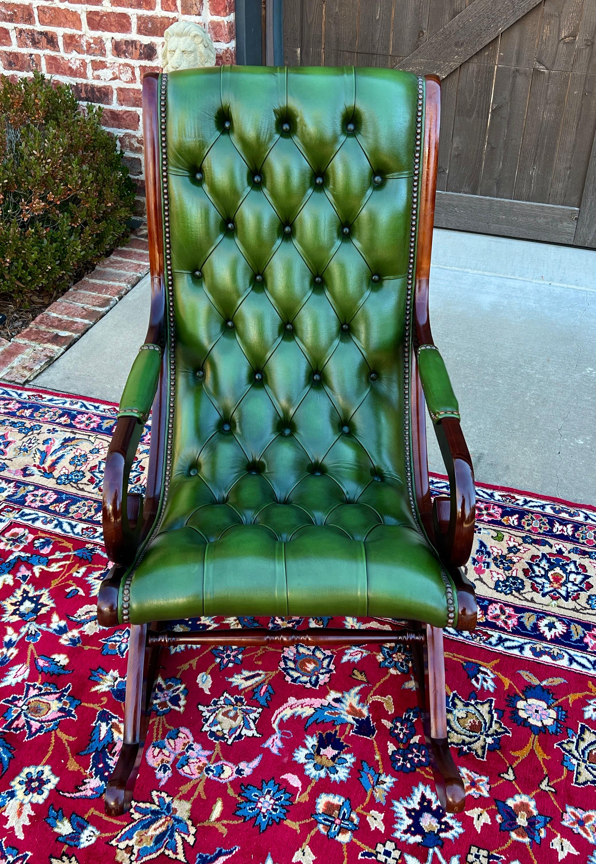 Vintage English Chesterfield Leather Tufted Rocking Chair Oak Green Mid Century 4