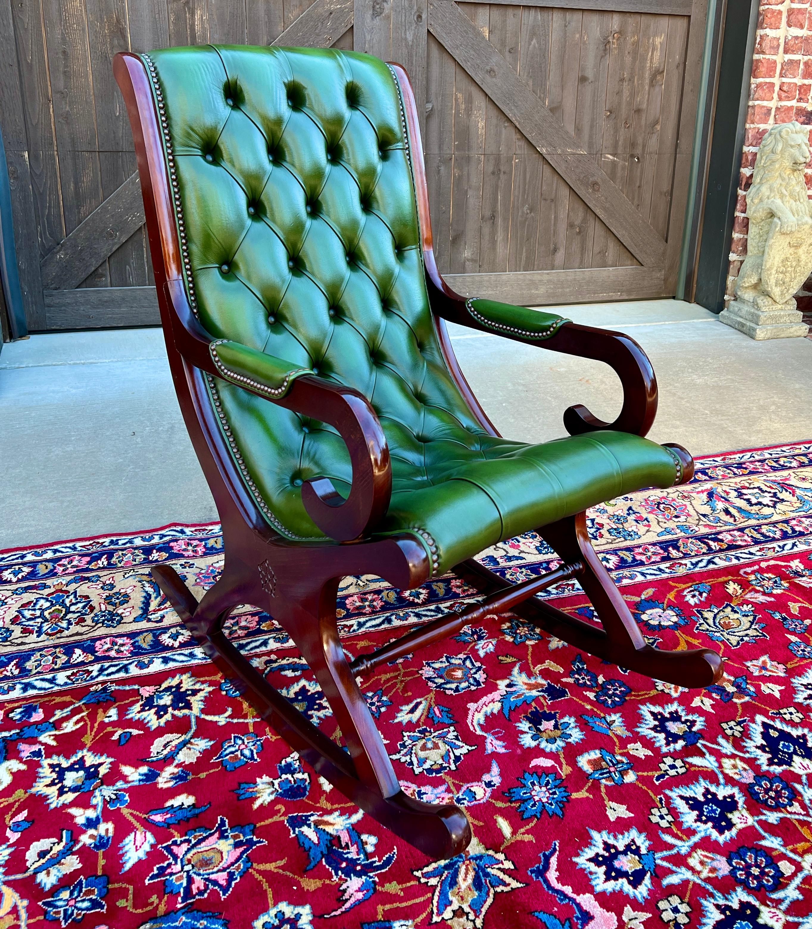 Vintage English Chesterfield Leather Tufted Rocking Chair Oak Green Mid Century 5