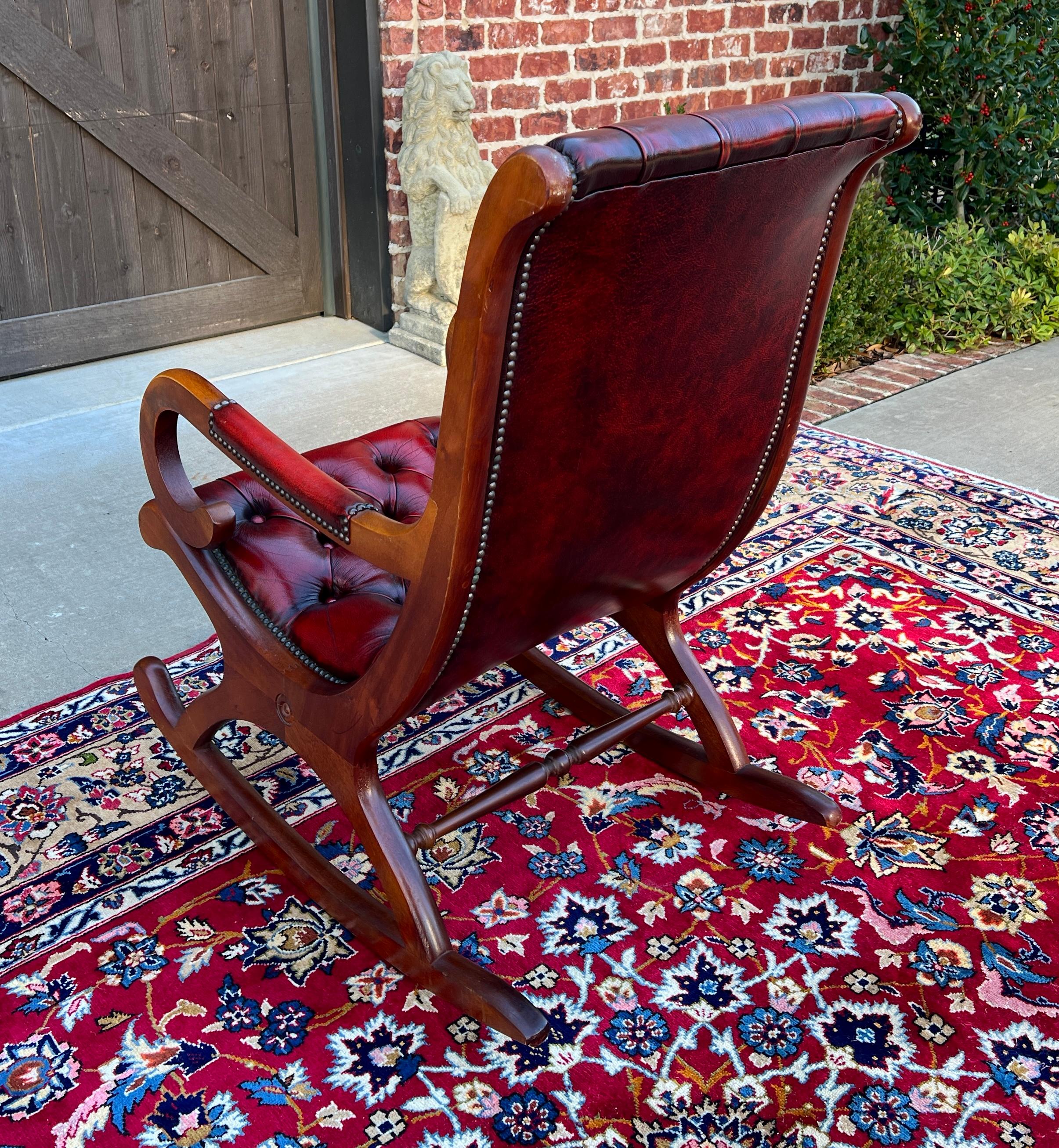 Vintage English Chesterfield Leather Tufted Rocking Chair Oak Red Mid Century 8