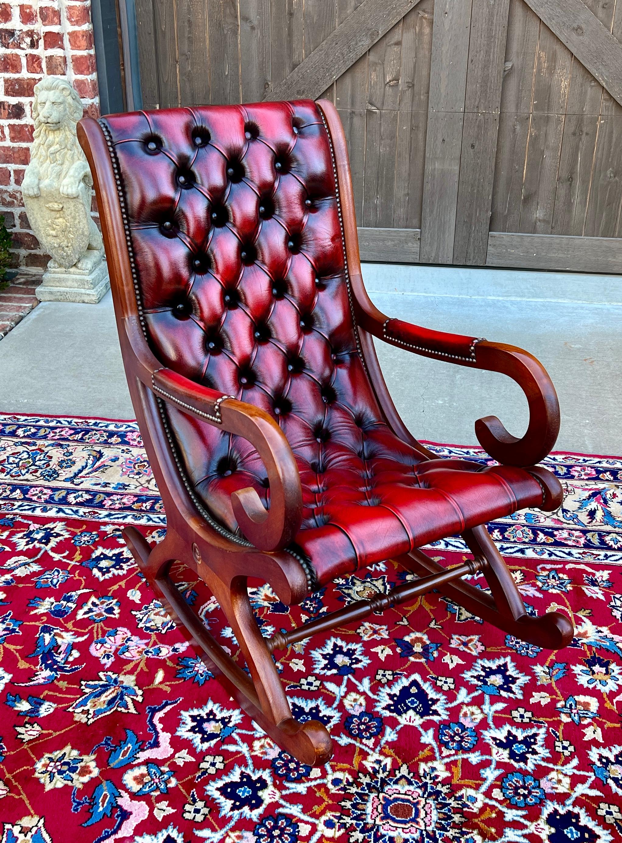 Vintage English Chesterfield Leather Tufted Rocking Chair Oak Red Mid Century 10
