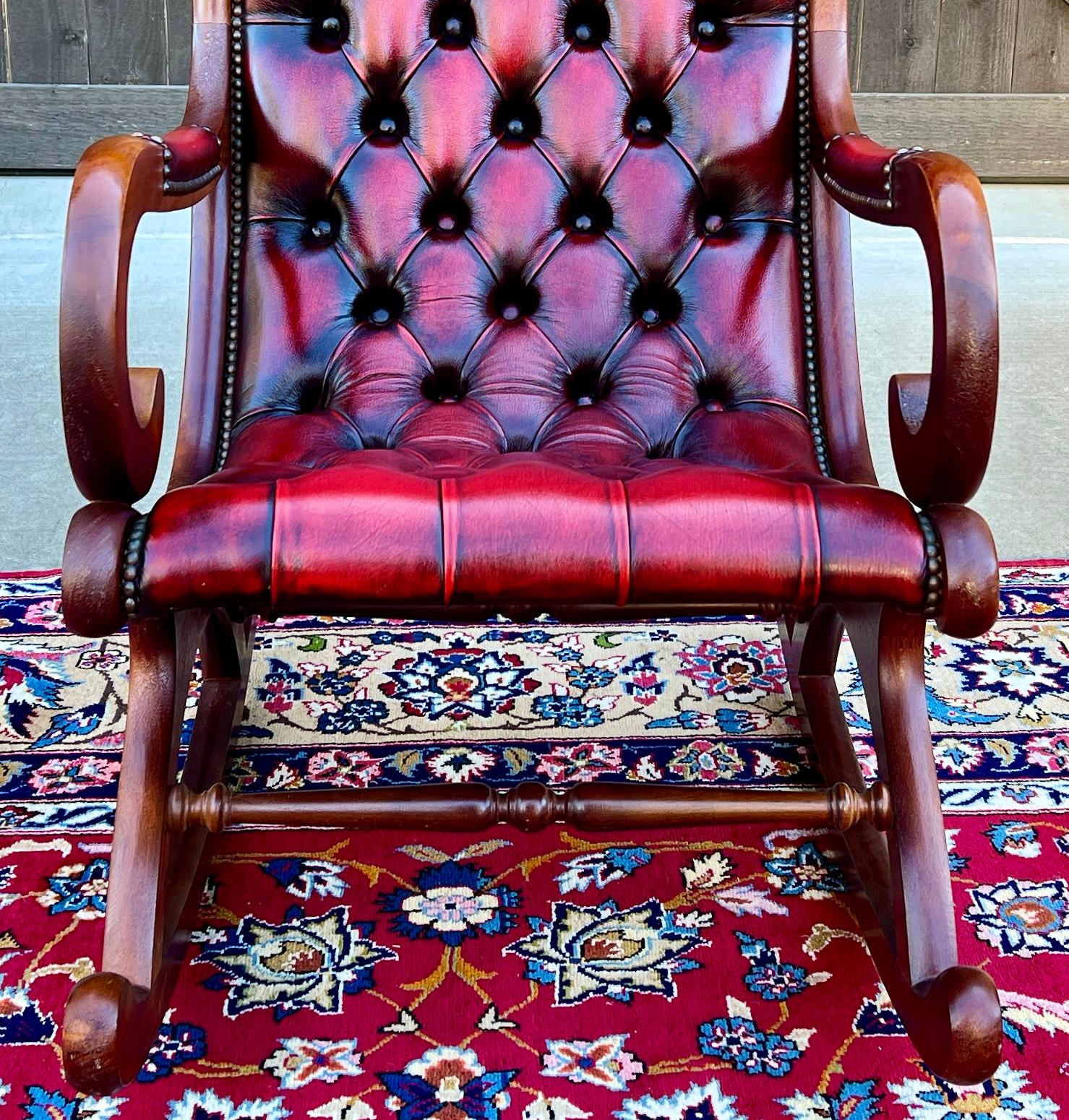 TIMELESS Vintage Mid-Century English Leather Tufted Seat CHESTERFIELD Rocking Chair in Oxblood Red

PERFECT ICONIC look for a gentleman's office, study, library, or cigar lounge~~upholstery is oxblood red in color~~timeless traditional style!

A