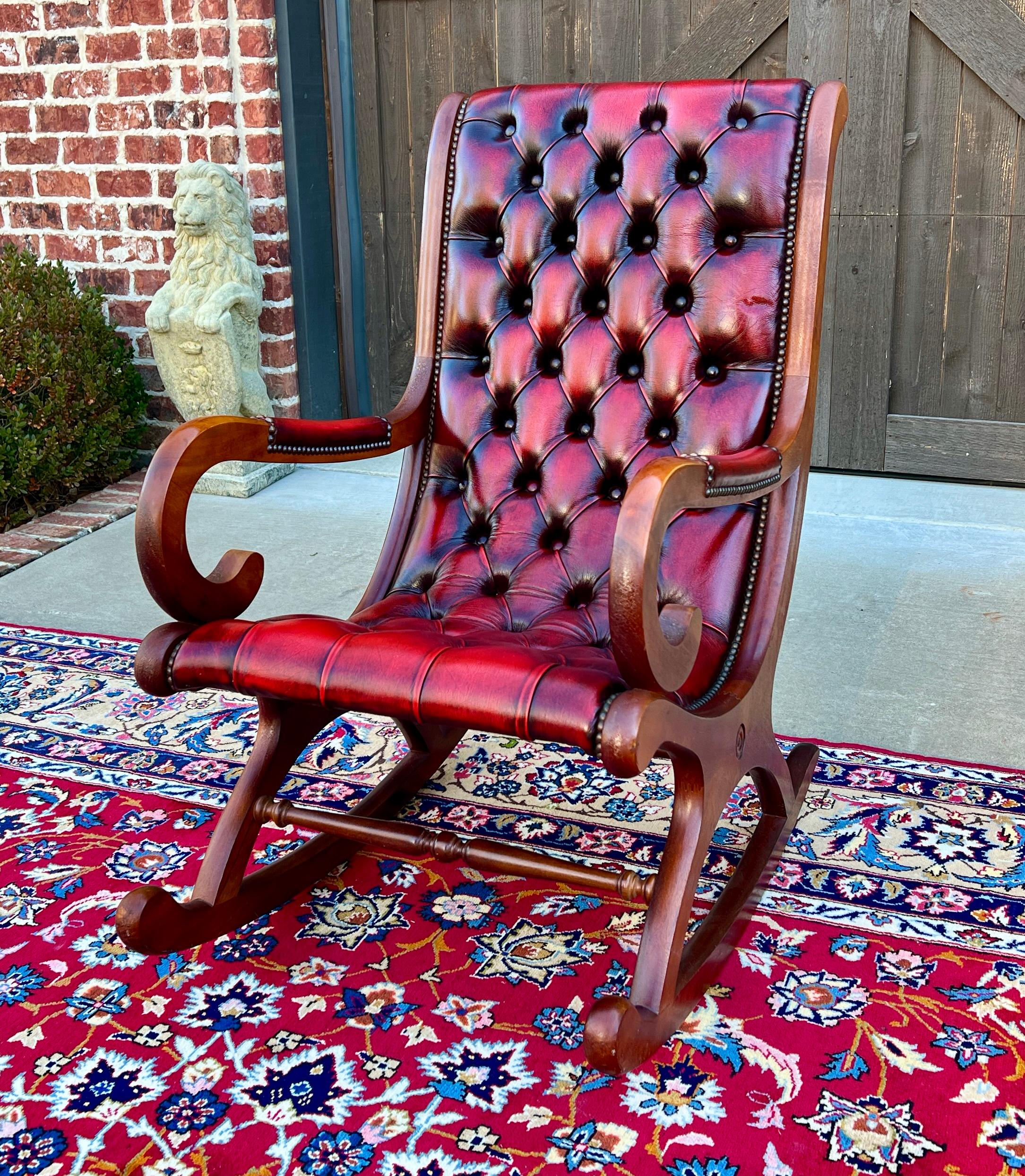 Vintage English Chesterfield Leather Tufted Rocking Chair Oak Red Mid Century In Good Condition In Tyler, TX