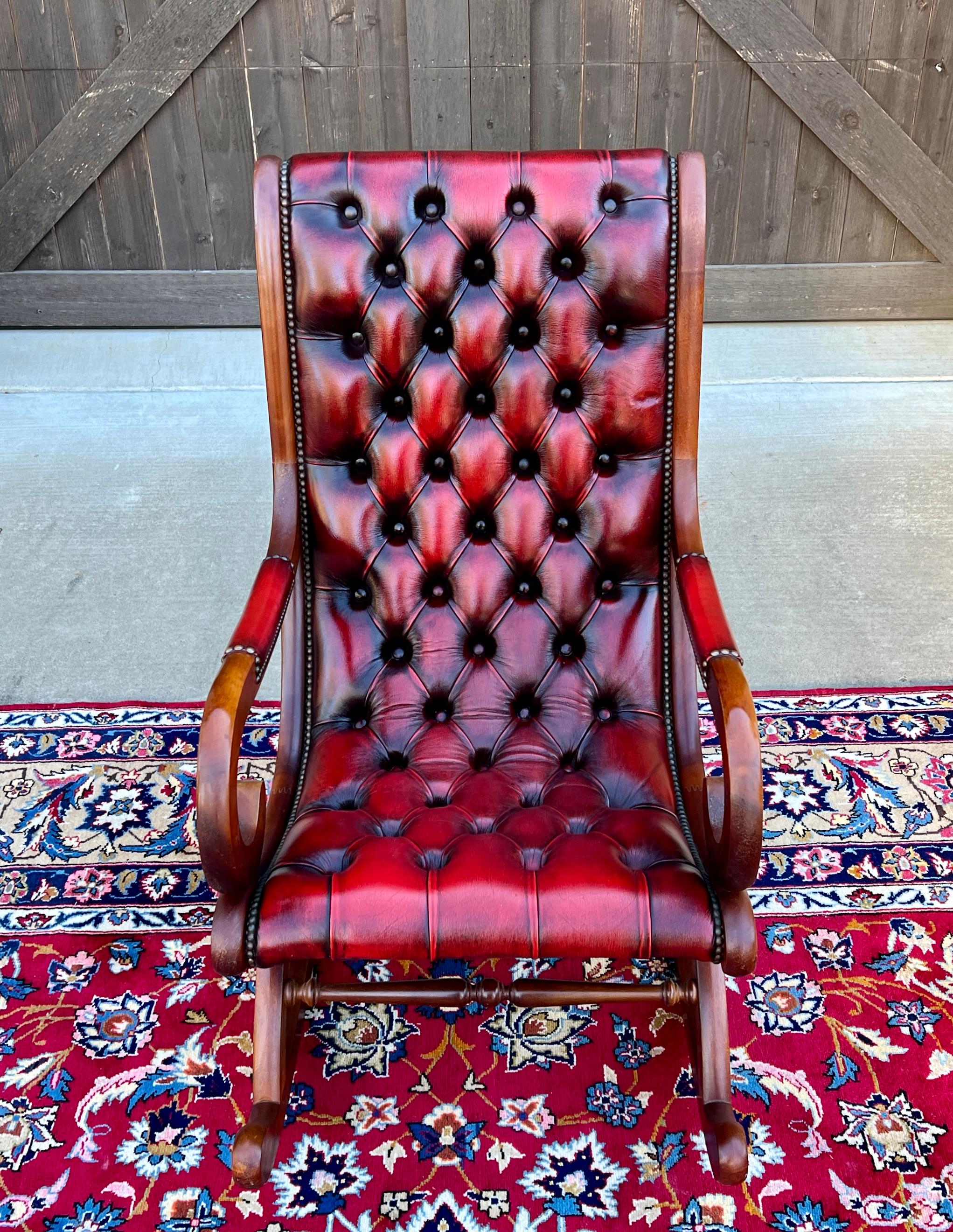 Vintage English Chesterfield Leather Tufted Rocking Chair Oak Red Mid Century 1