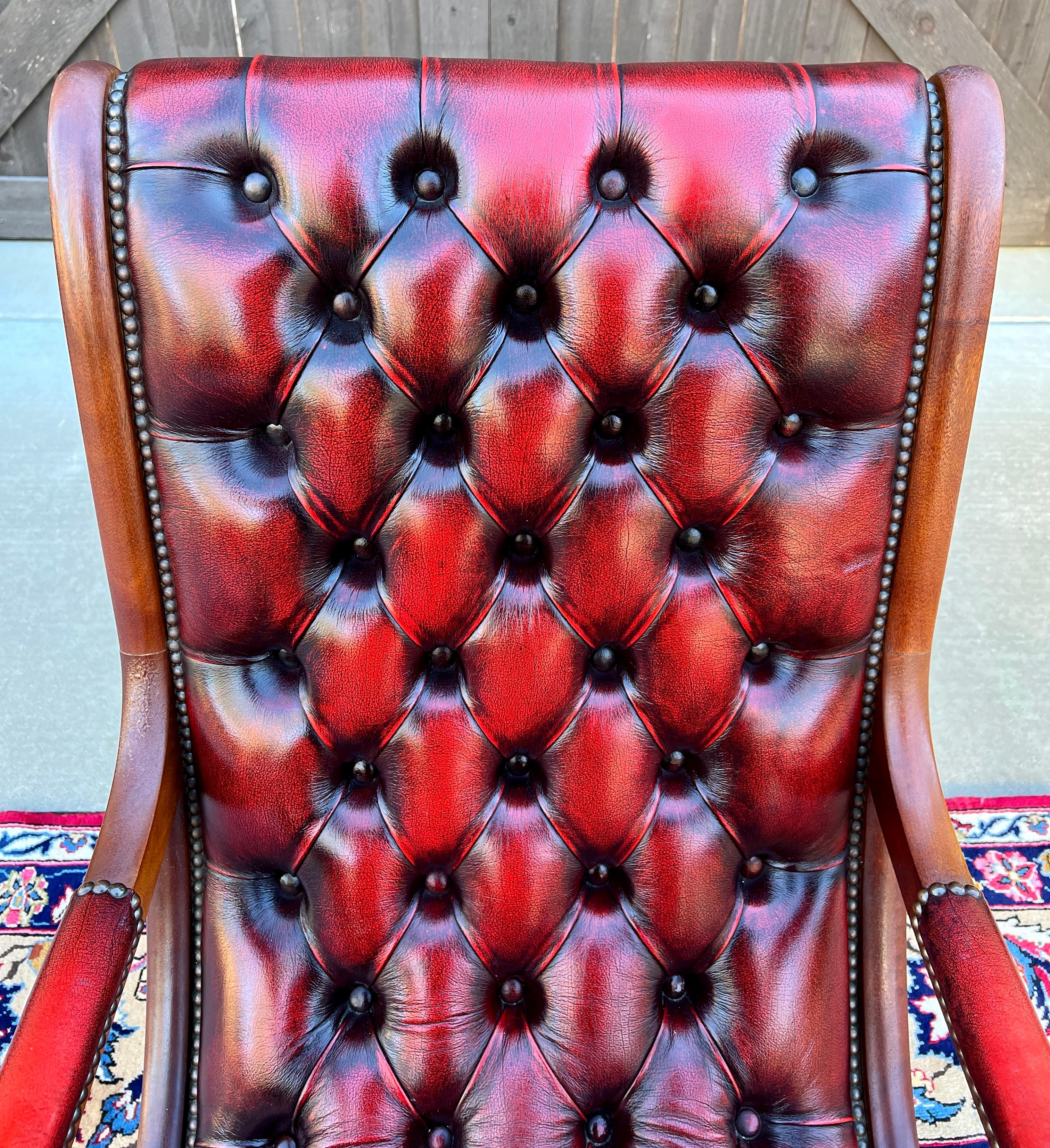 Vintage English Chesterfield Leather Tufted Rocking Chair Oak Red Mid Century 4