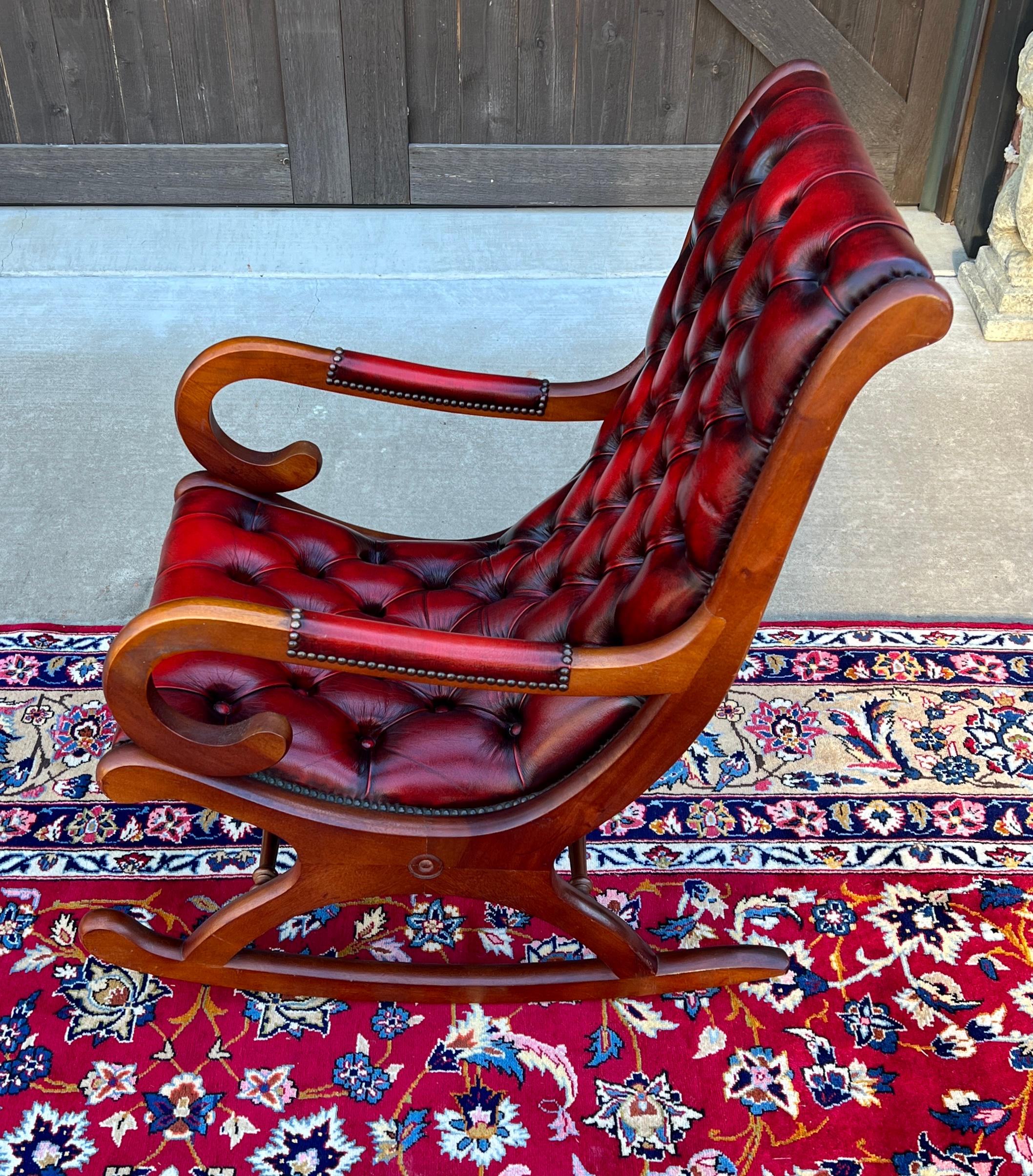 Vintage English Chesterfield Leather Tufted Rocking Chair Oak Red Mid Century 5