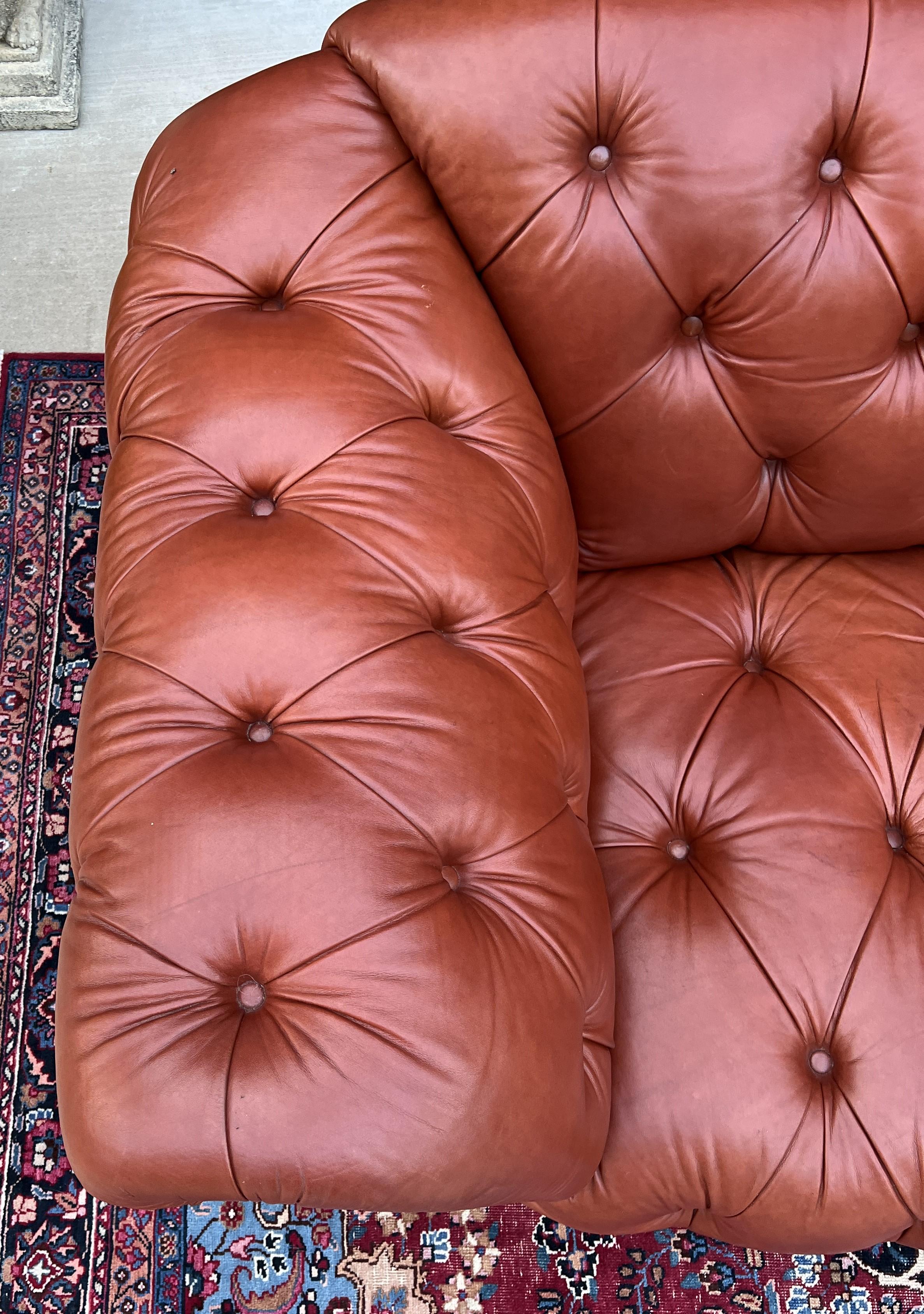 Vintage English Chesterfield Leather Tufted Sofa Brown Terra Cotta Mid Century For Sale 1