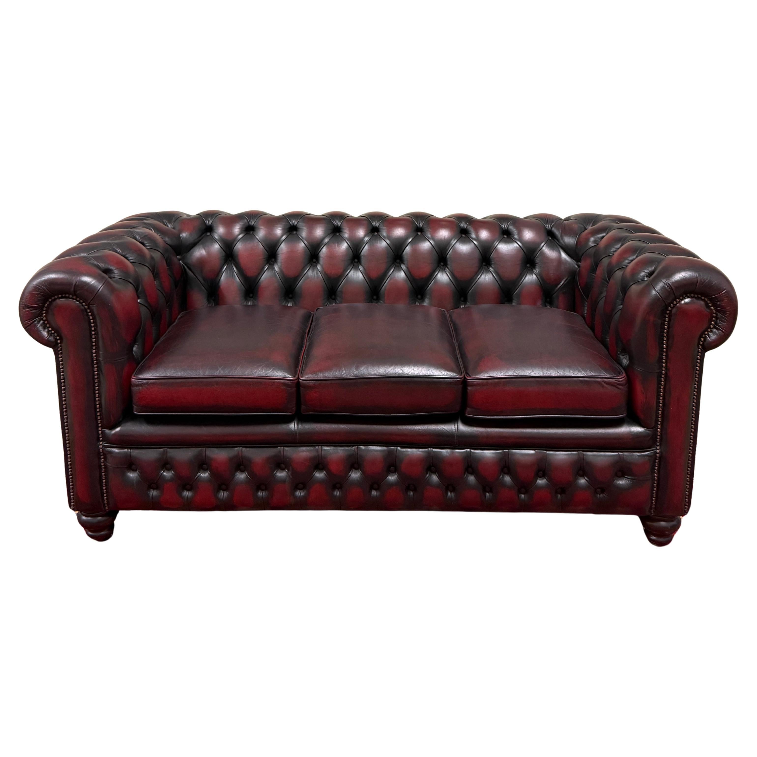 Vintage English Chesterfield Leather Tufted Sofa Oxblood Red Mid Century