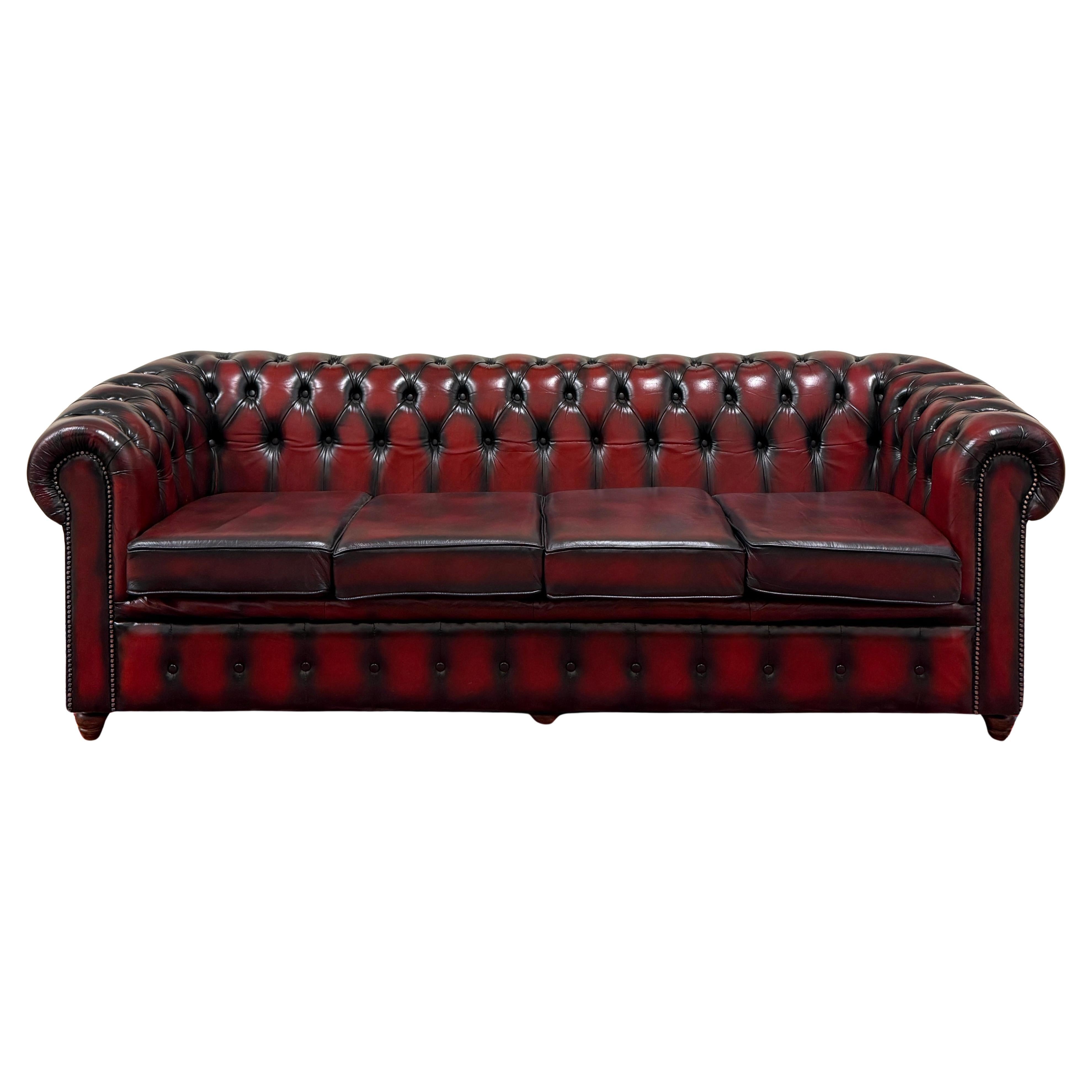 Vintage English Chesterfield Leather Tufted Sofa Oxblood Red Mid Century