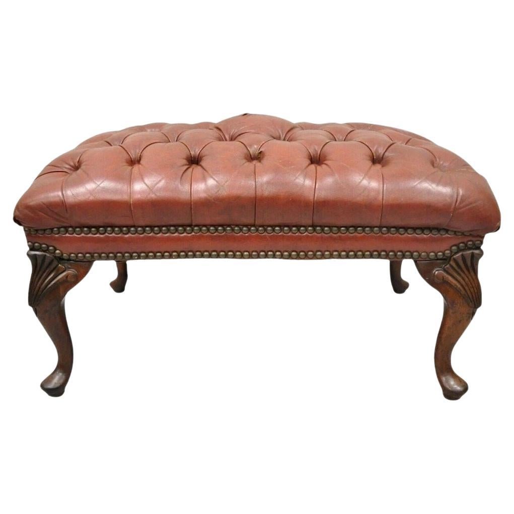 Vintage English Chesterfield Queen Anne Style Brown Leather Tufted Ottoman Foots