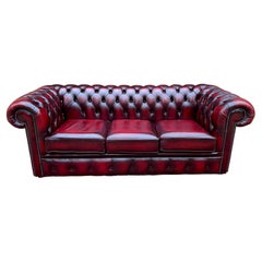 Vintage English Chesterfield Sofa Leather Tufted 3-Seat Sofa Oxblood Red