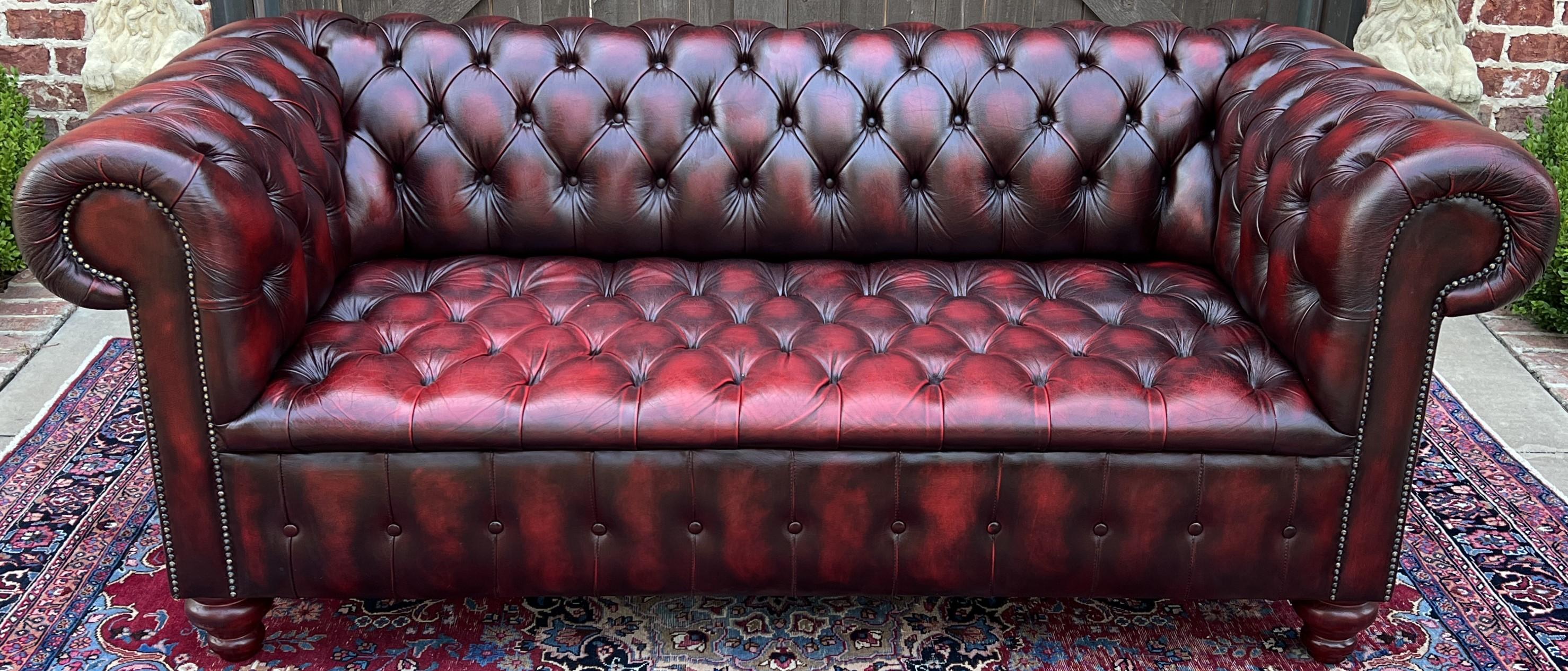 Vintage English Chesterfield Sofa Leather Tufted Seat Oxblood Red Mid-Century #1 4