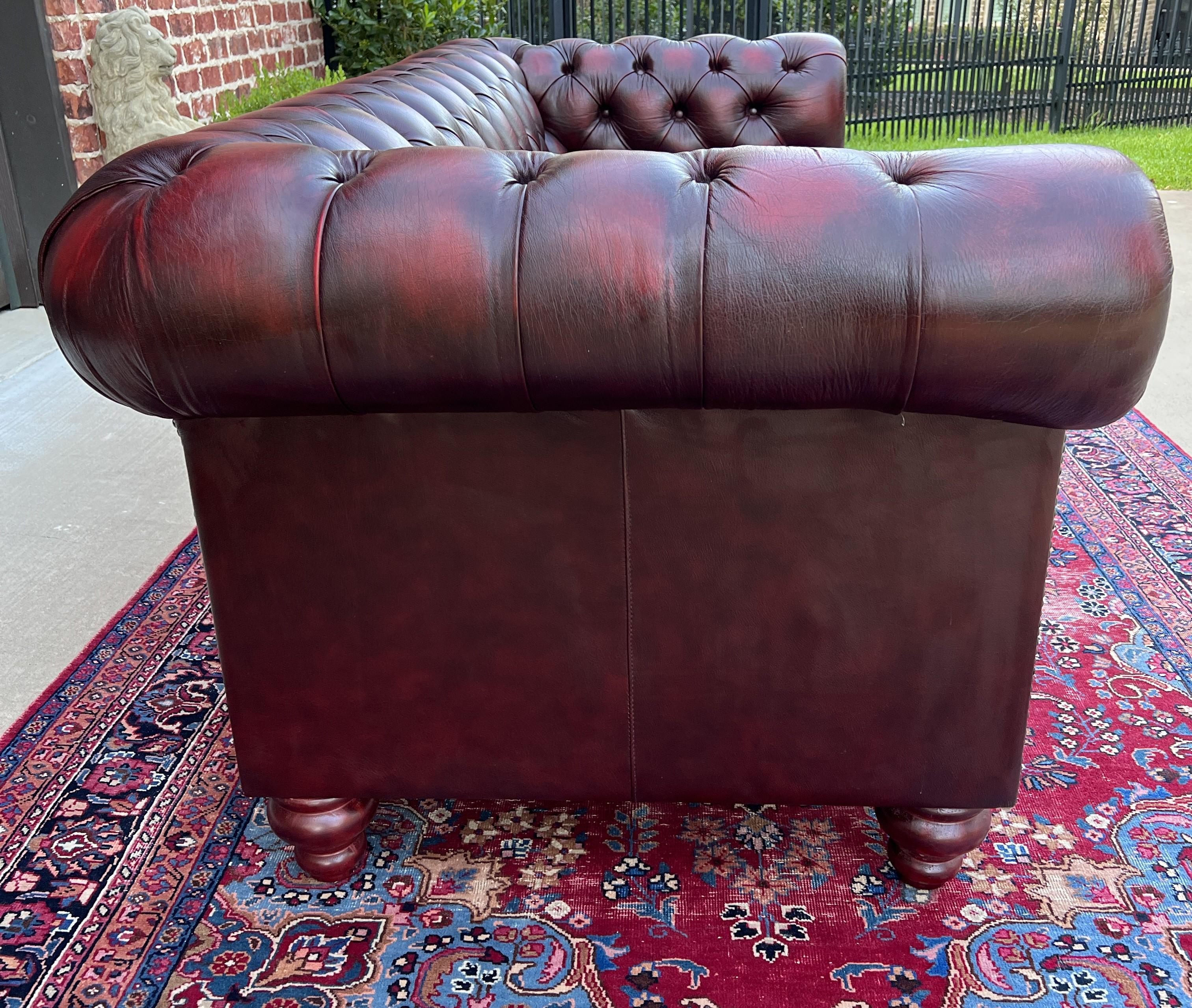 Vintage English Chesterfield Sofa Leather Tufted Seat Oxblood Red Mid-Century #1 5