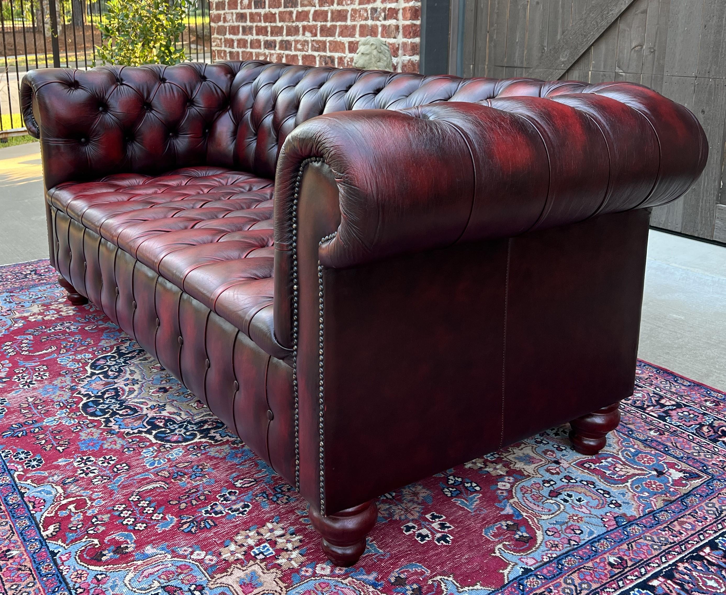 Vintage English Chesterfield Sofa Leather Tufted Seat Oxblood Red Mid-Century #1 6