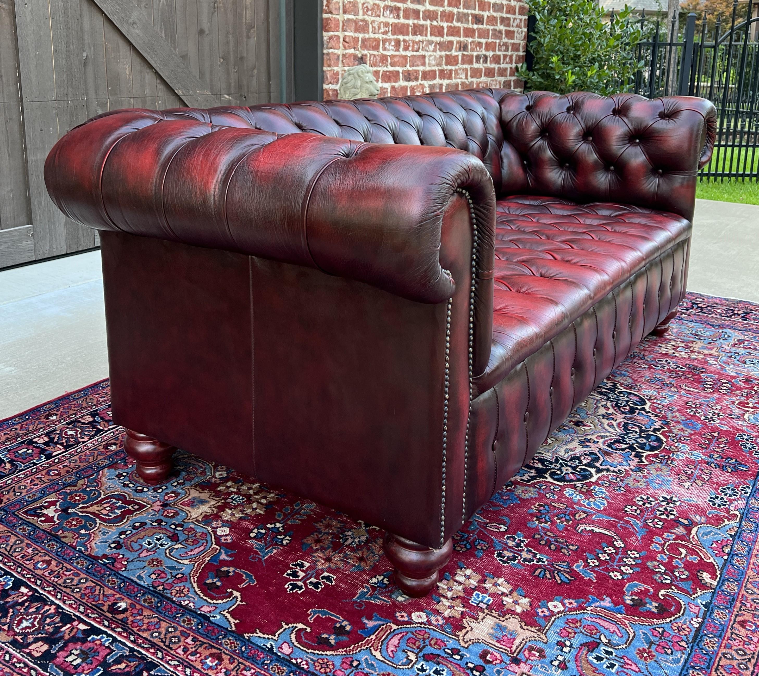 Vintage English Chesterfield Sofa Leather Tufted Seat Oxblood Red Mid-Century #1 7