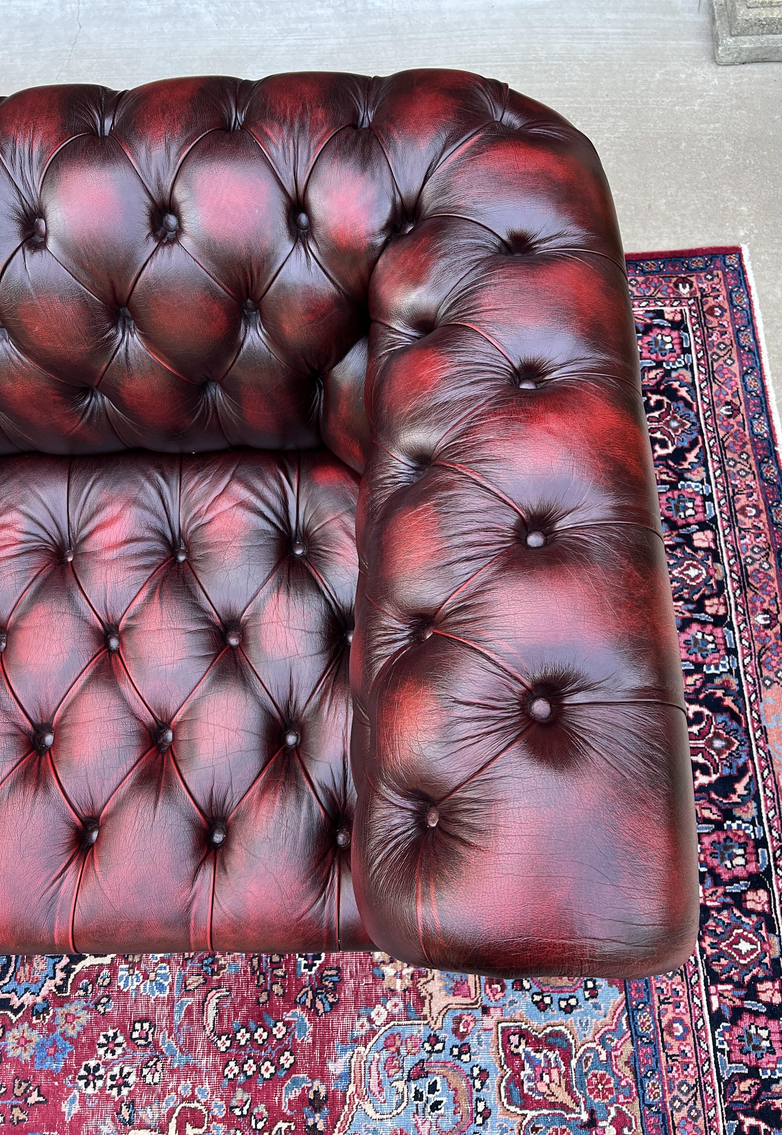 Vintage English Chesterfield Sofa Leather Tufted Seat Oxblood Red Mid-Century #1 8