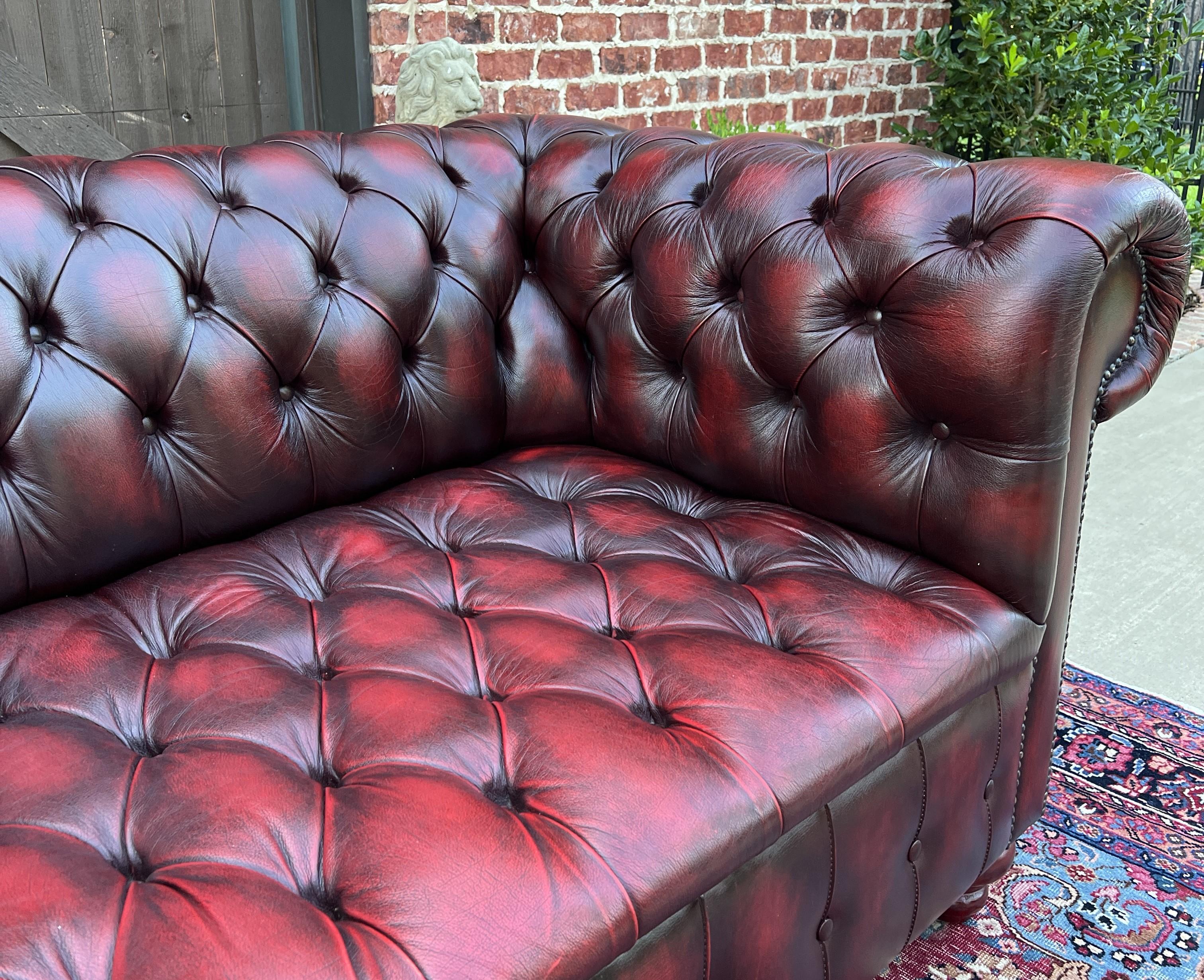 Vintage English Chesterfield Sofa Leather Tufted Seat Oxblood Red Mid-Century #1 10
