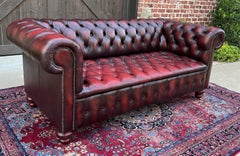 Vintage English Chesterfield Sofa Leather Tufted Seat Oxblood Red Mid-Century #1