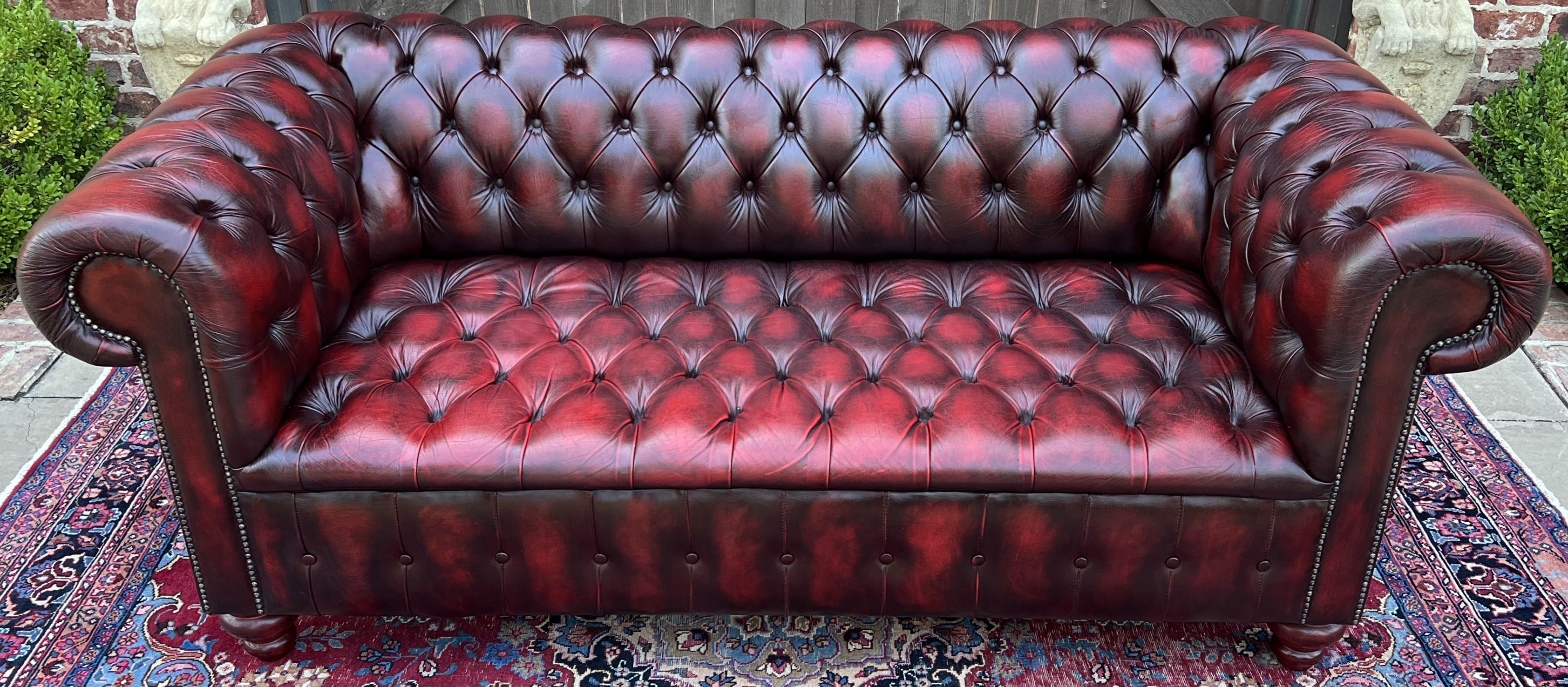 20th Century Vintage English Chesterfield Sofa Leather Tufted Seat Oxblood Red Mid-Century #1