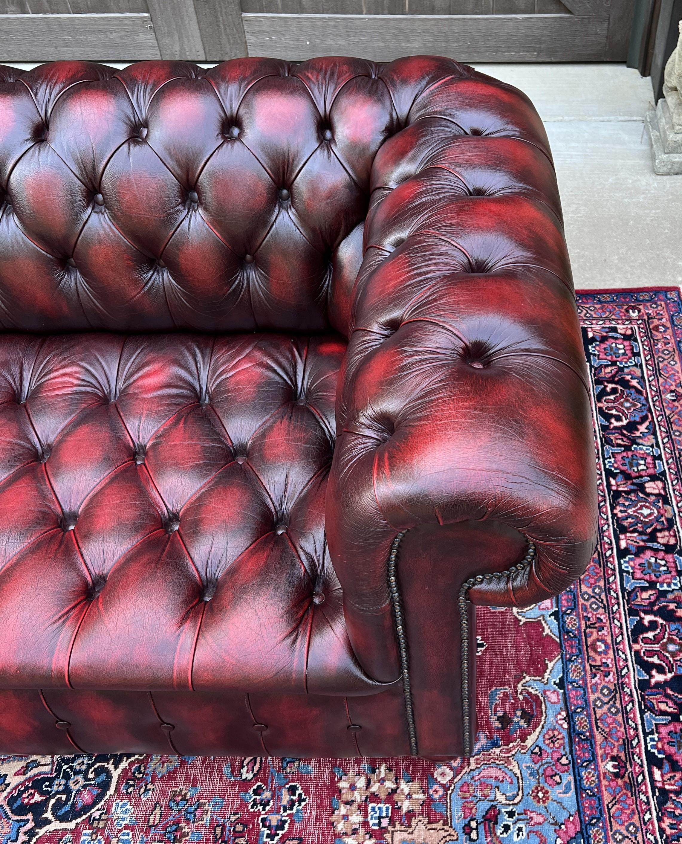Vintage English Chesterfield Sofa Leather Tufted Seat Oxblood Red Mid-Century #1 1