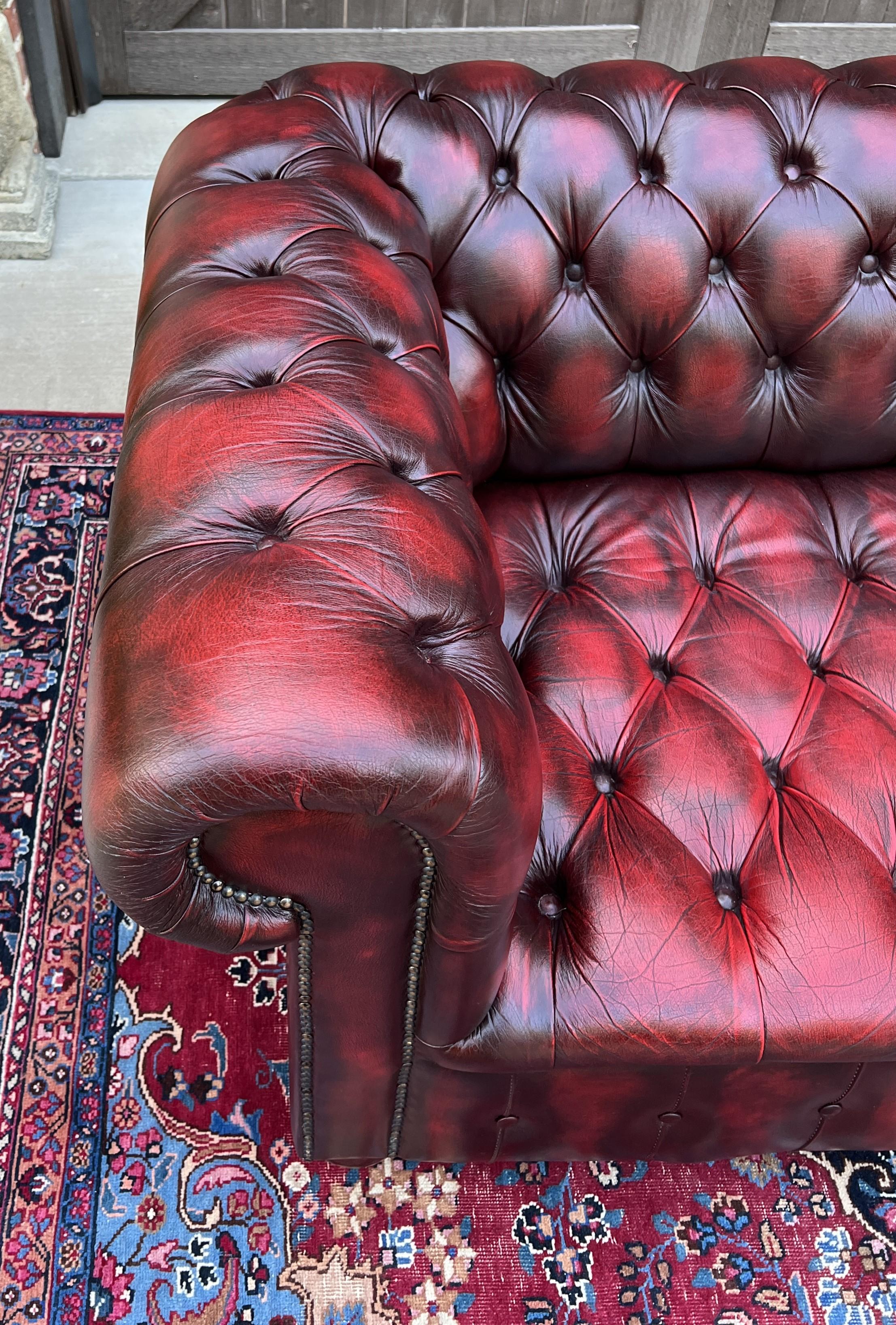 Vintage English Chesterfield Sofa Leather Tufted Seat Oxblood Red Mid-Century #1 2