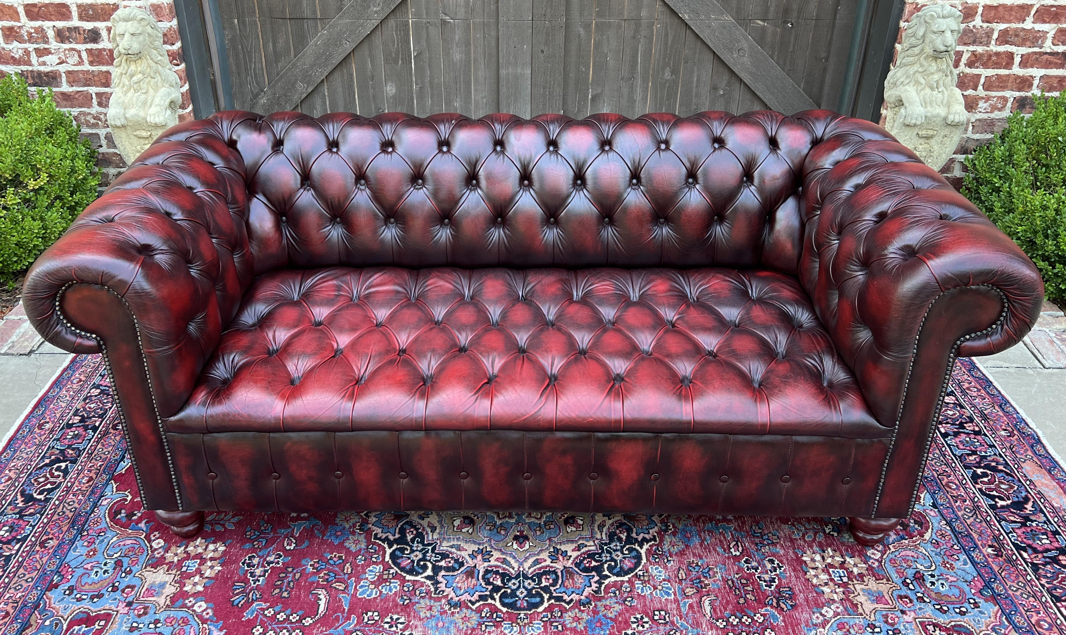 Vintage English Chesterfield Sofa Leather Tufted Seat Oxblood Red Mid-Century #1 3