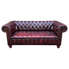 Vintage English Chesterfield Sofa Leather Tufted Seat Oxblood Red Mid-Century #1