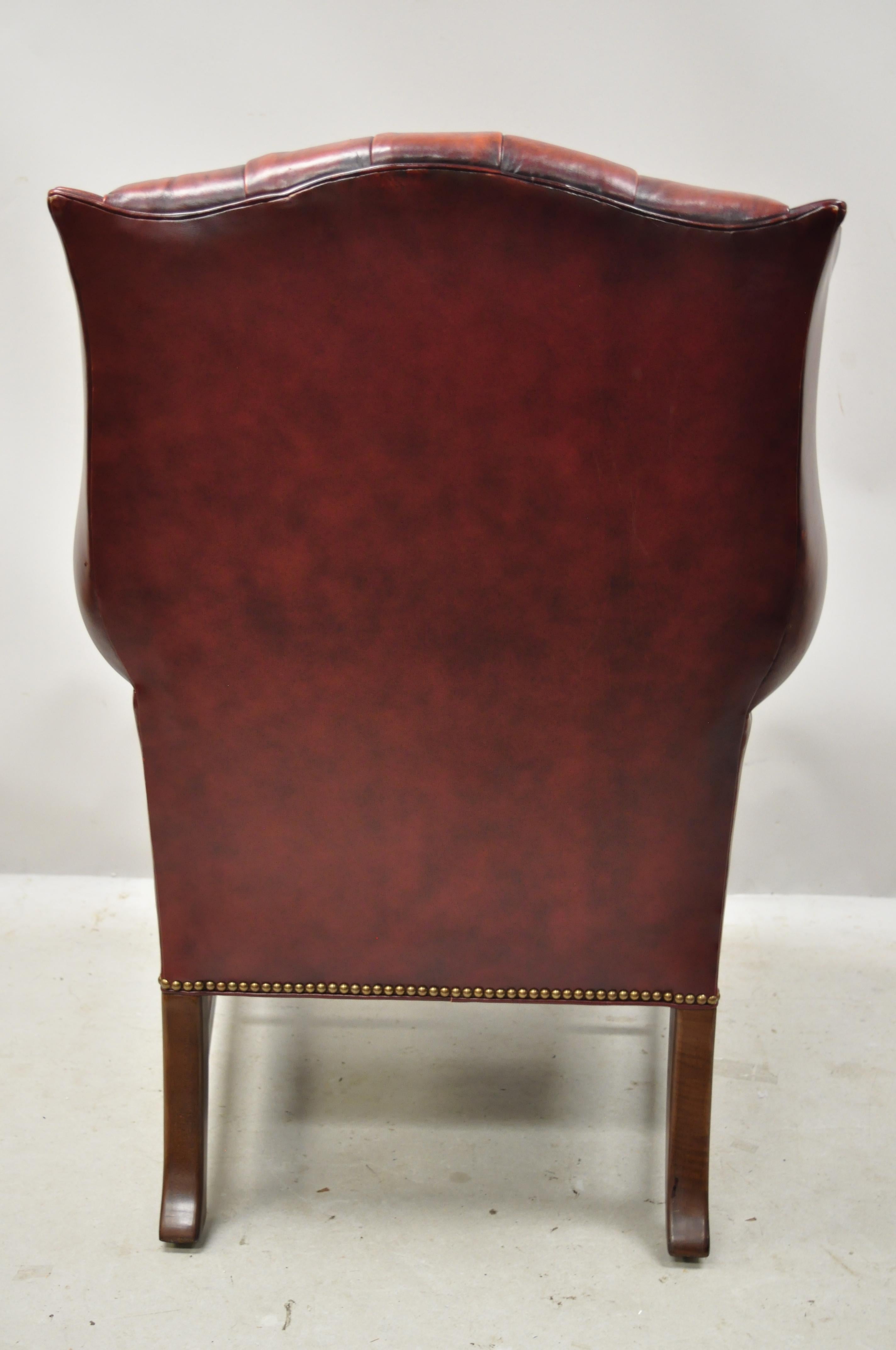 Vintage English Chesterfield Style Button Tufted Burgundy Leather Wingback Chair 2