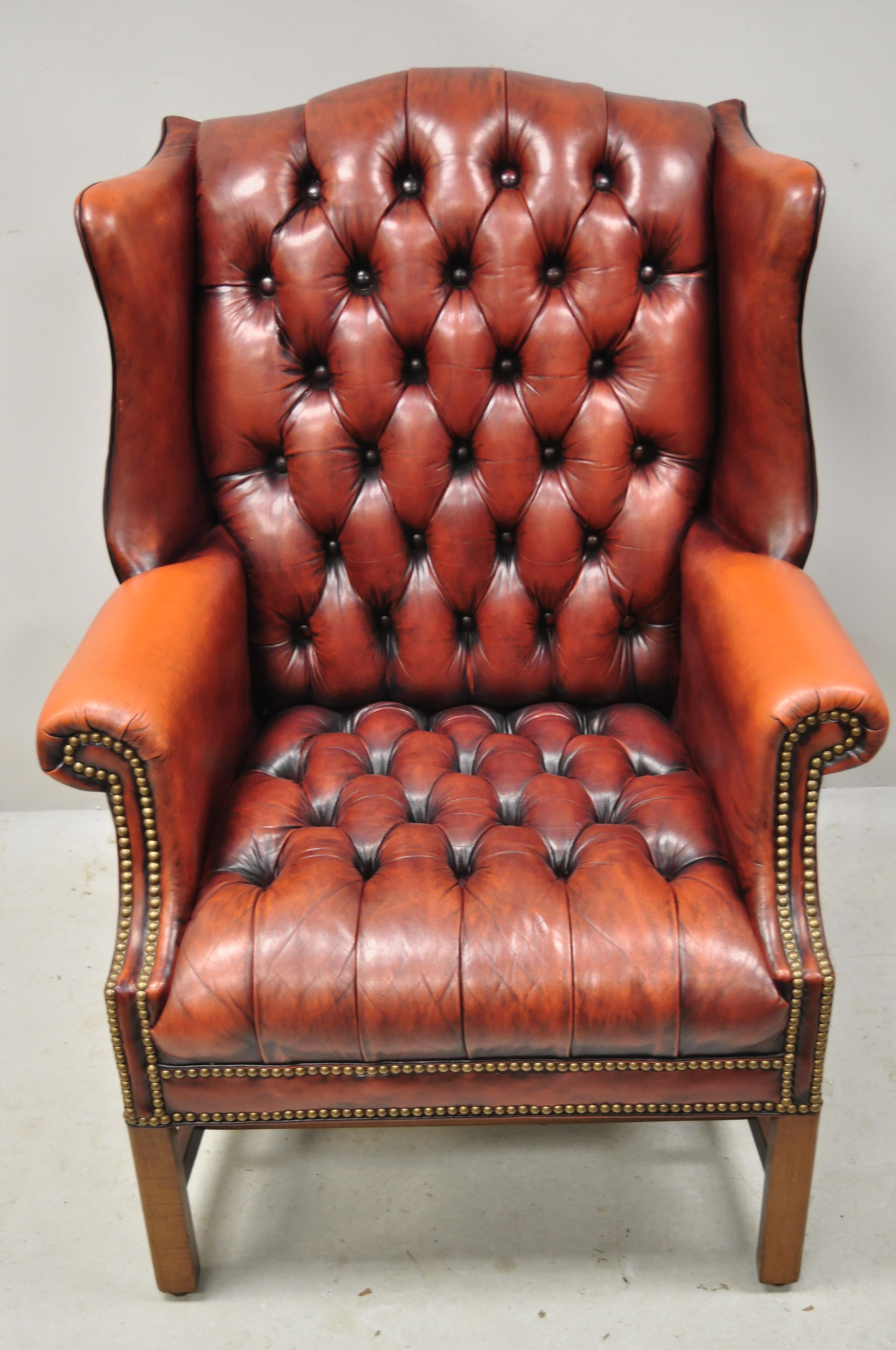 Vintage English Chesterfield Style Button Tufted Burgundy Leather Wingback Chair 3
