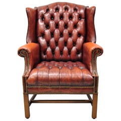 Vintage English Chesterfield Style Button Tufted Burgundy Leather Wingback Chair