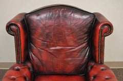 Vintage English Chesterfield Style Rolled Arm Red Leather Club Lounge Chair