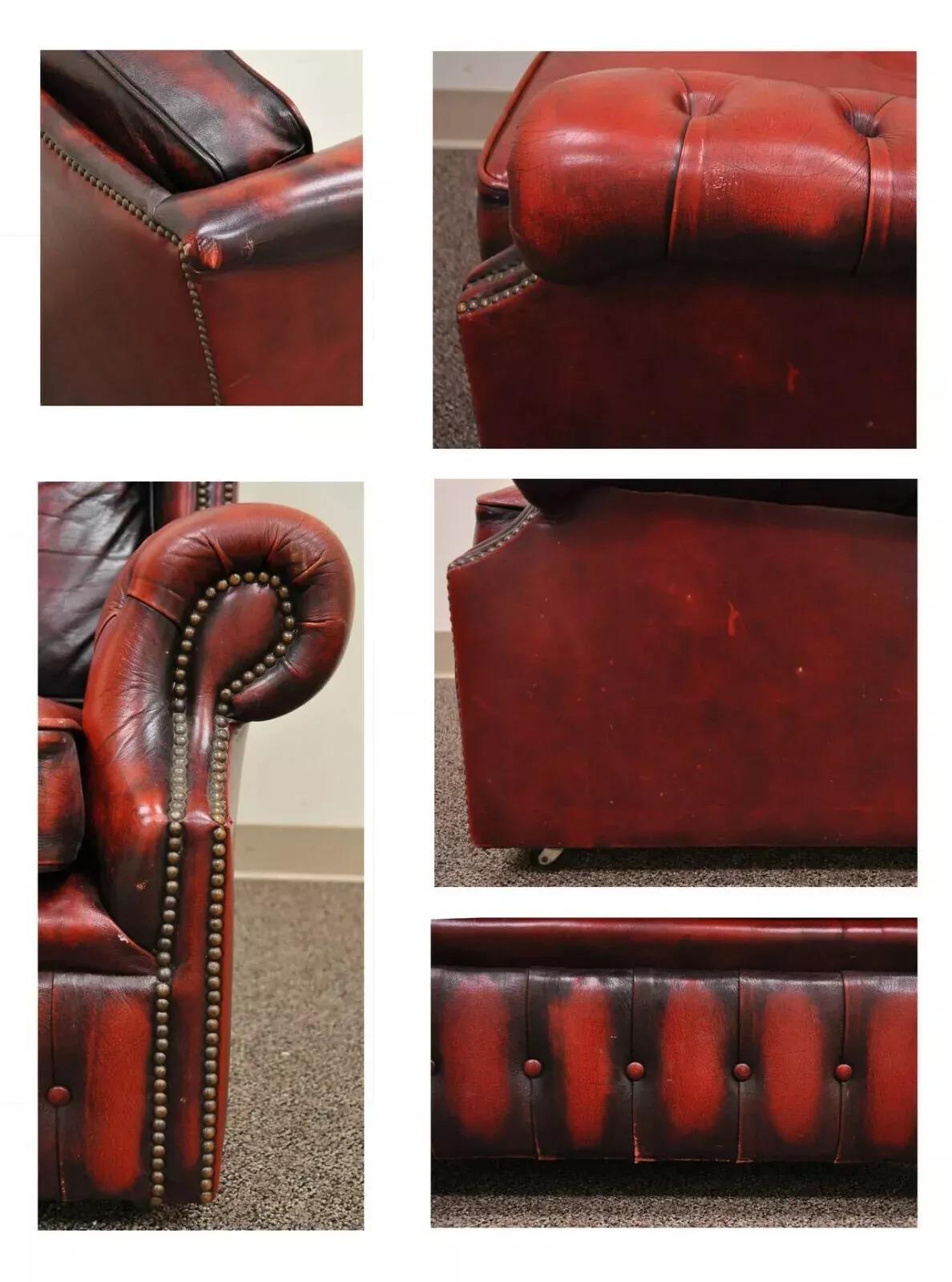 20th Century Vintage English Chesterfield Style Rolled Arm Red Leather Club Lounge Chair For Sale