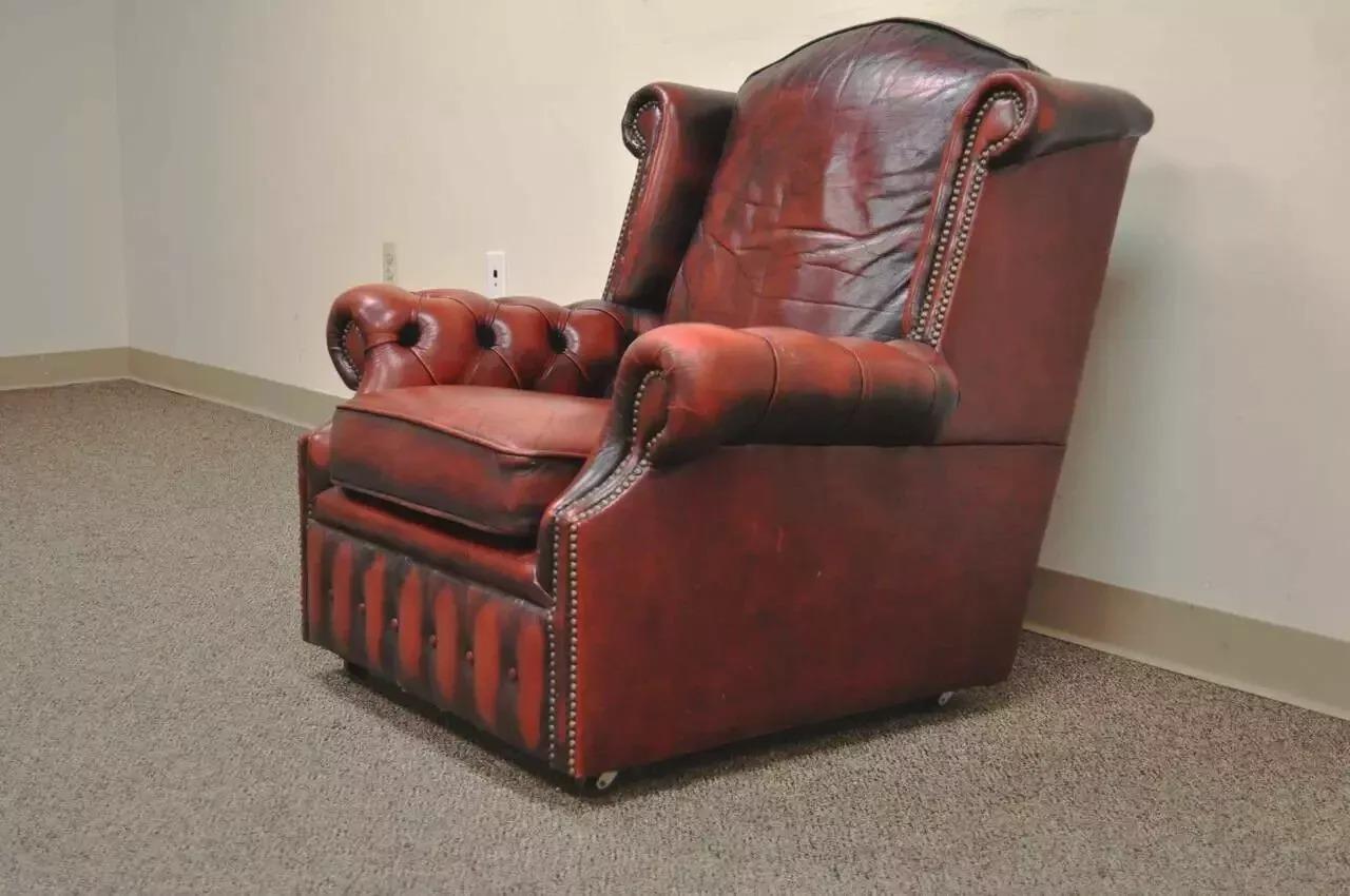 Vintage English Chesterfield Style Rolled Arm Red Leather Club Lounge Chair For Sale 4
