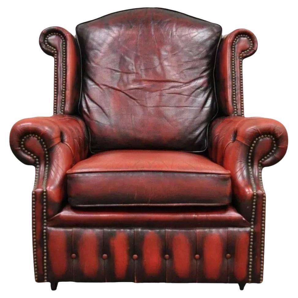 Vintage English Chesterfield Style Rolled Arm Red Leather Club Lounge Chair