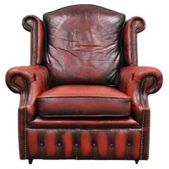 Vintage English Chesterfield Style Rolled Arm Red Leather Club Lounge Chair