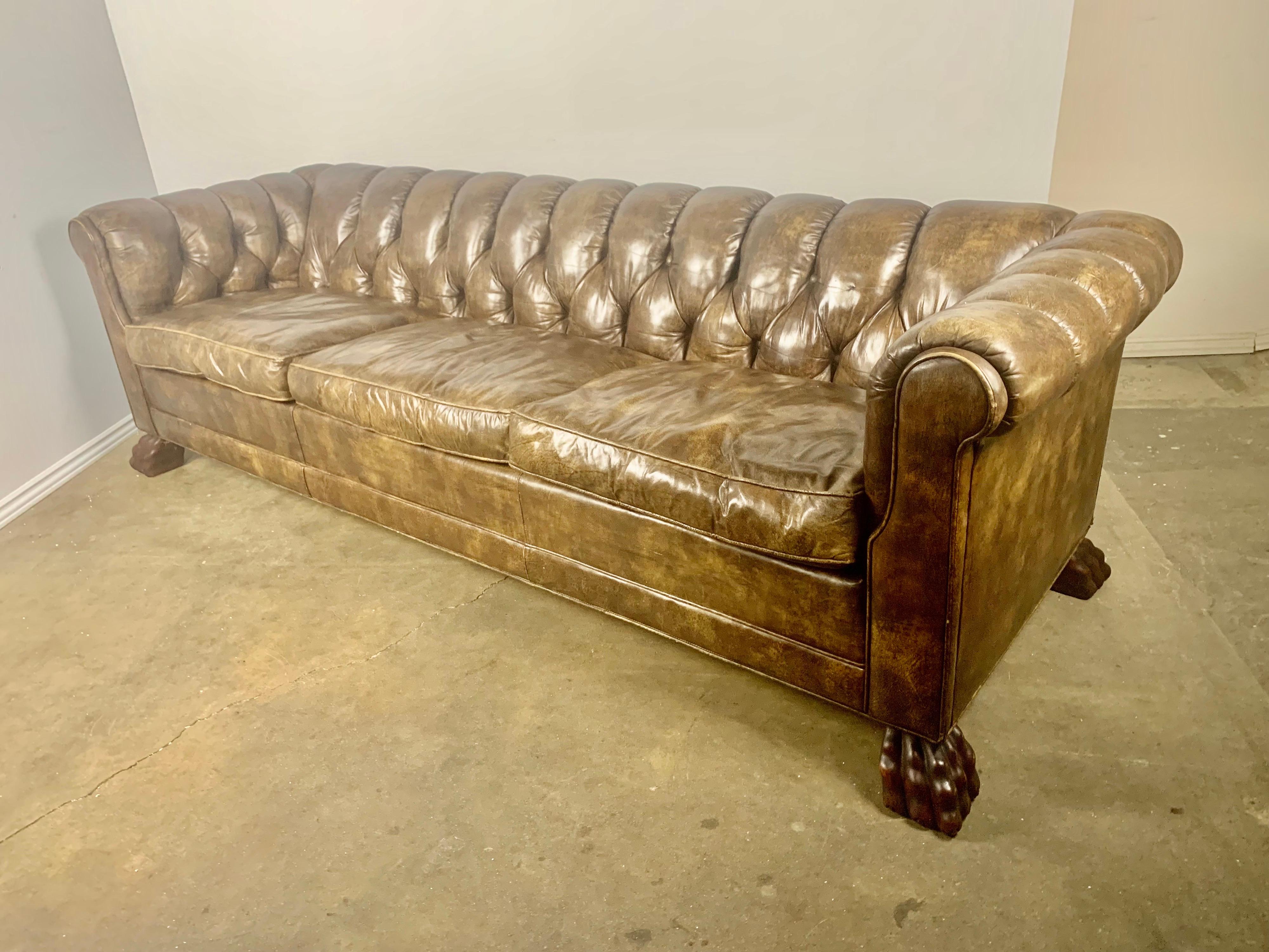 Vintage English Chesterfield Style Sofa w/ Lion Paw Feet 10