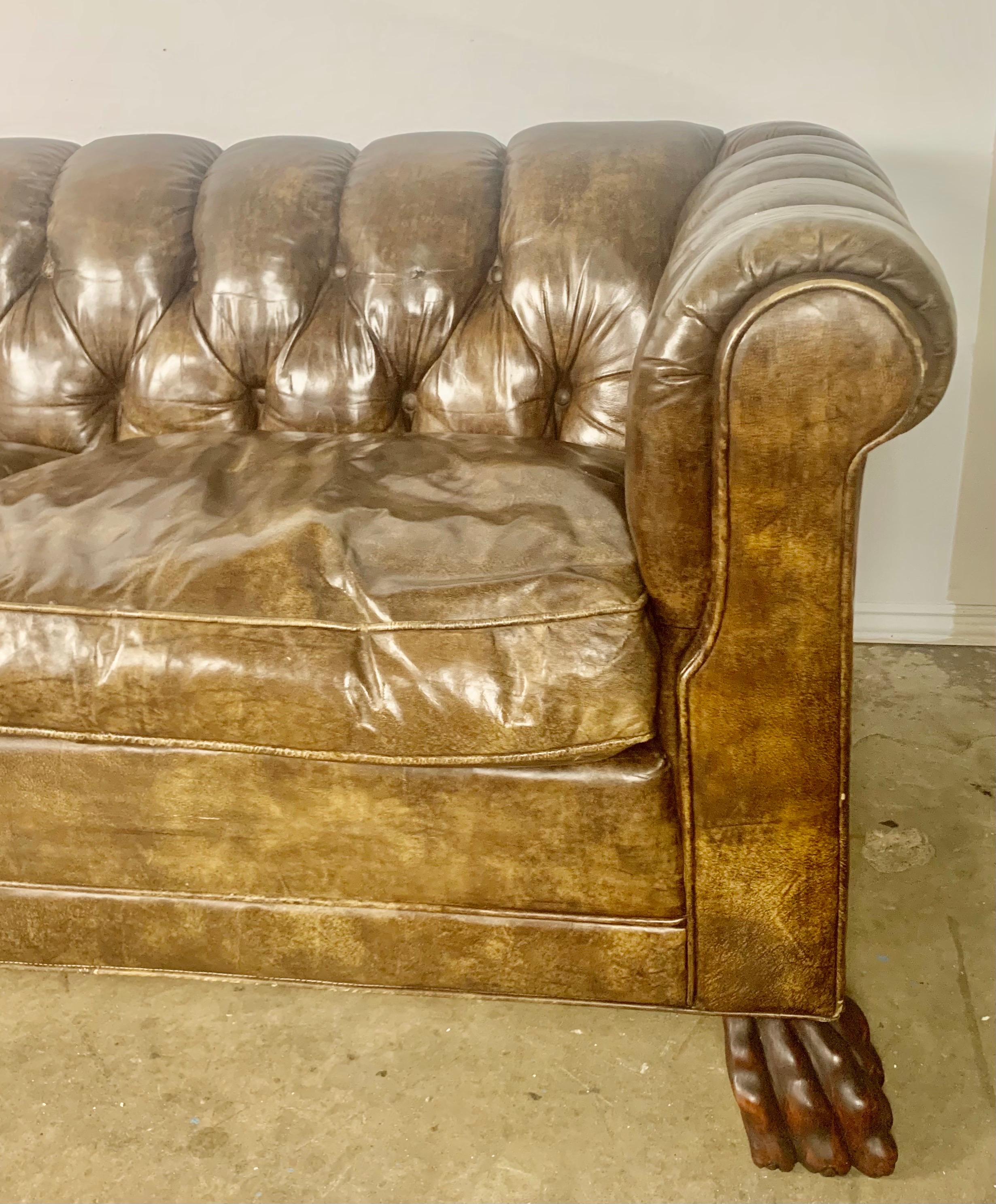 Vintage English Chesterfield Style Sofa w/ Lion Paw Feet In Distressed Condition In Los Angeles, CA