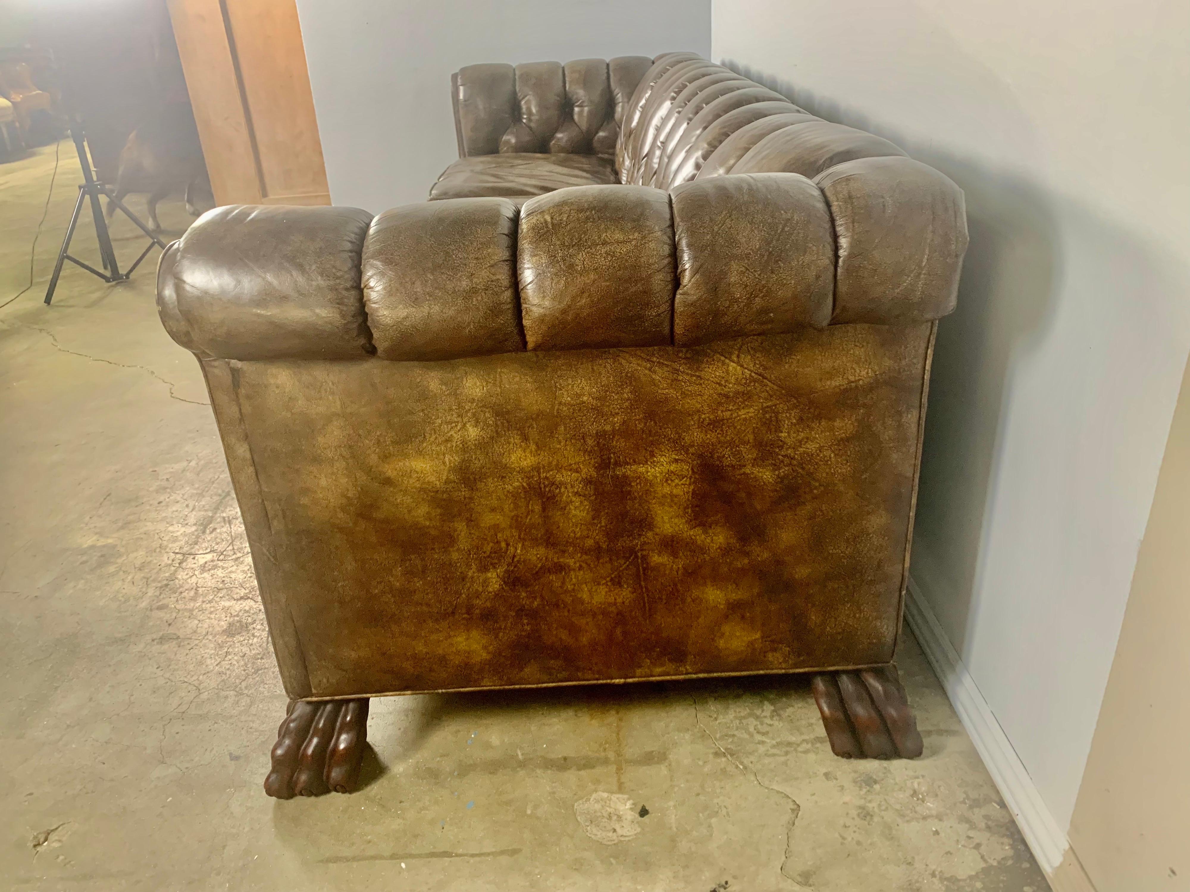 Leather Vintage English Chesterfield Style Sofa w/ Lion Paw Feet