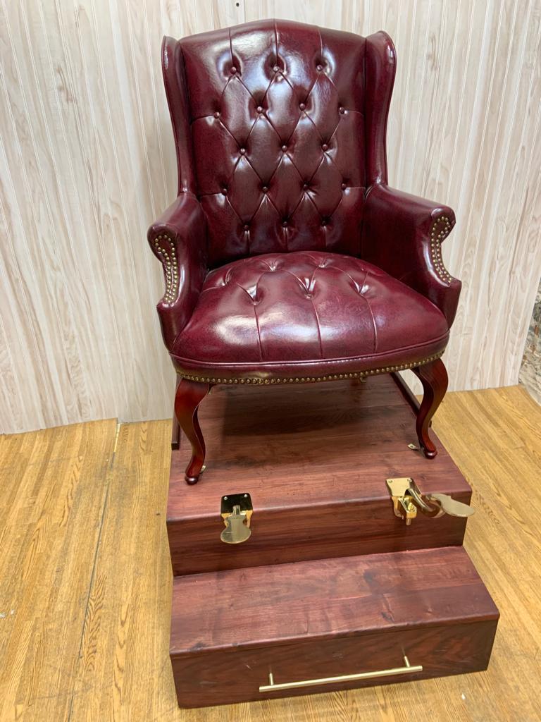 Late 20th Century Vintage English Chesterfield Style Tufted Leather Chair on a Shoe Shine Stand