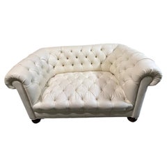 Vintage English Chesterfield Tufted Ivory Leatherette Loveseat Settee