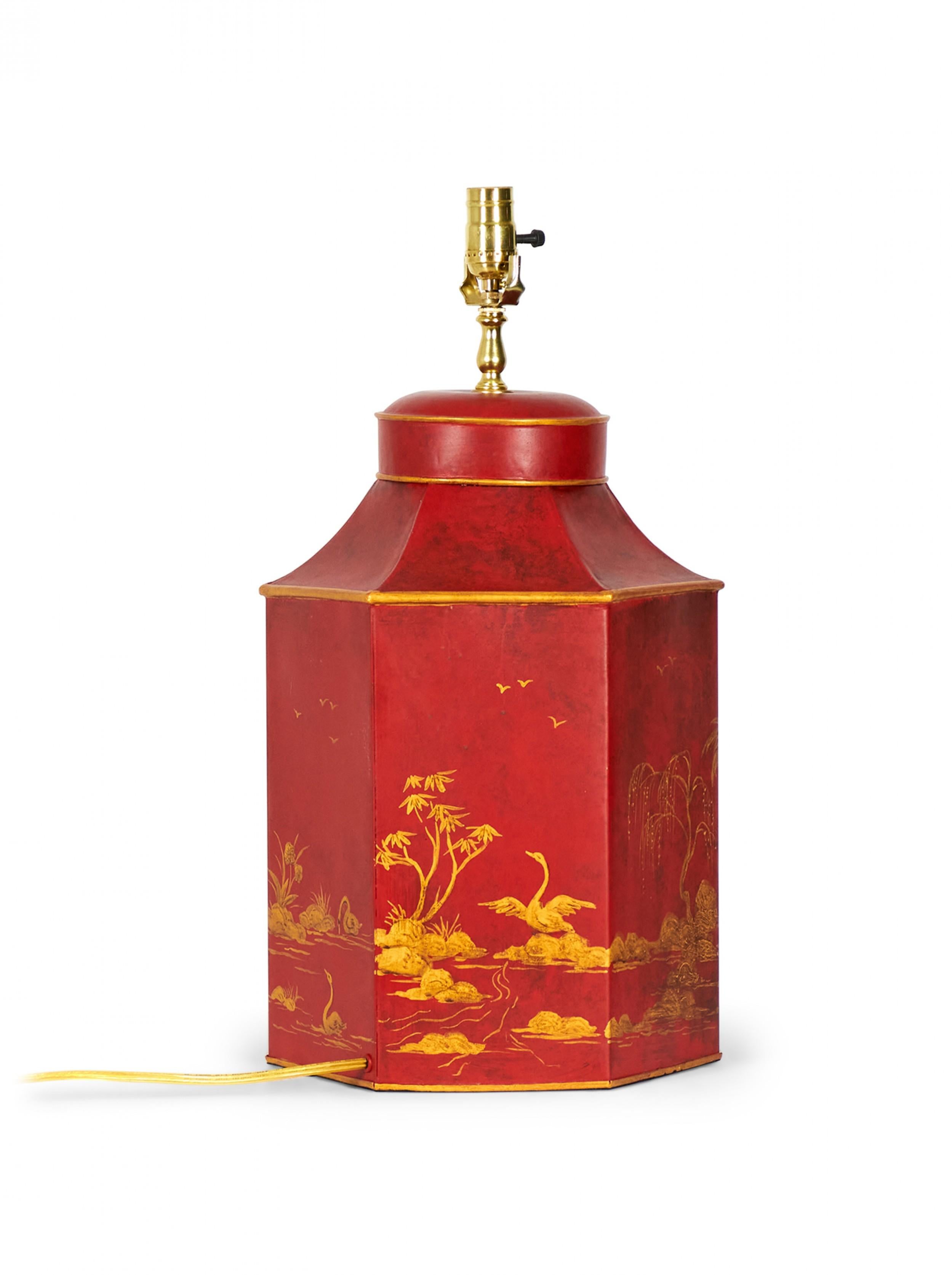 British Vintage English Chinoiserie Hexagonal Hand-Painted Tole Tea Caddy Table Lamp For Sale