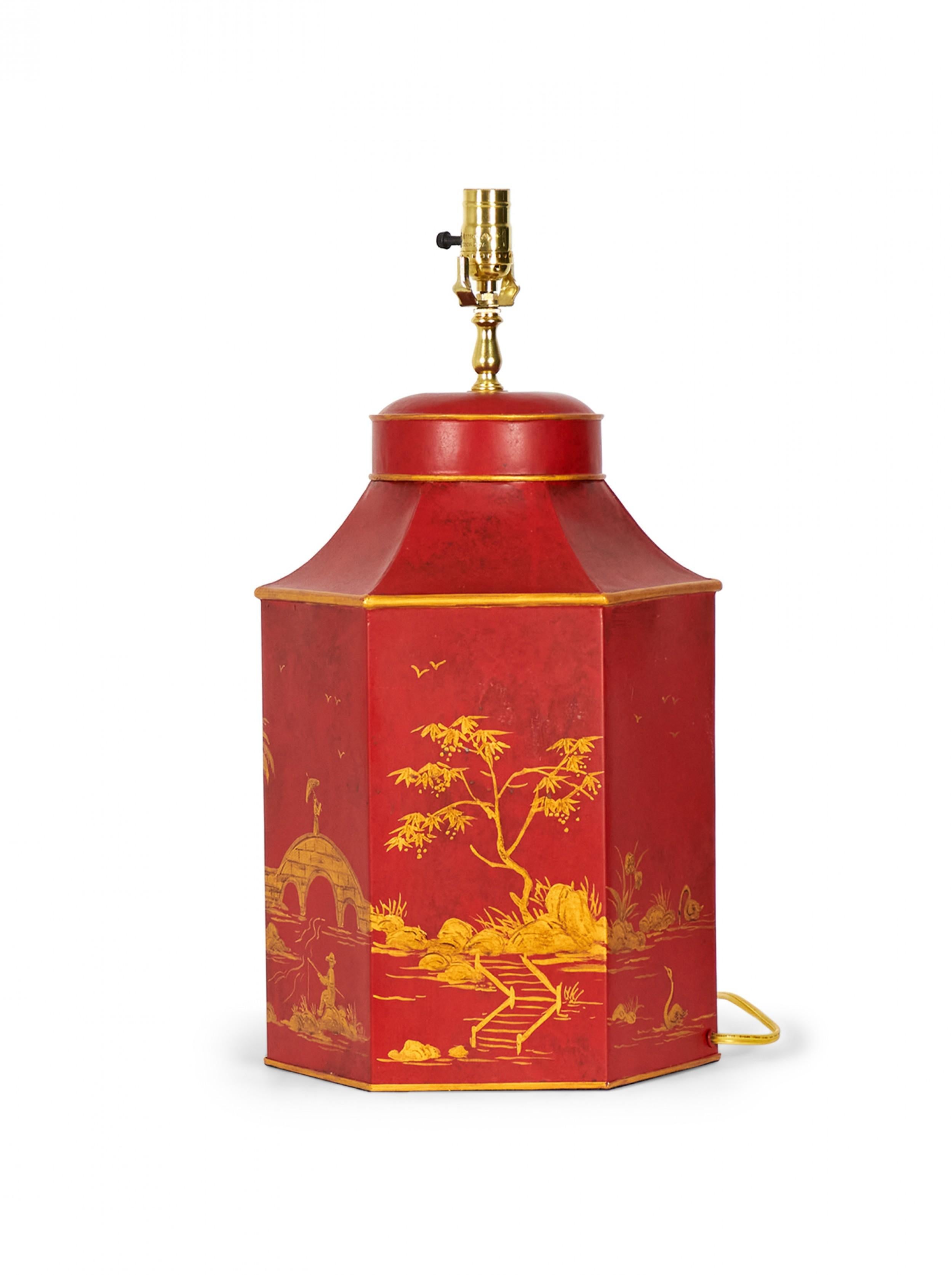 20th Century Vintage English Chinoiserie Hexagonal Hand-Painted Tole Tea Caddy Table Lamp For Sale