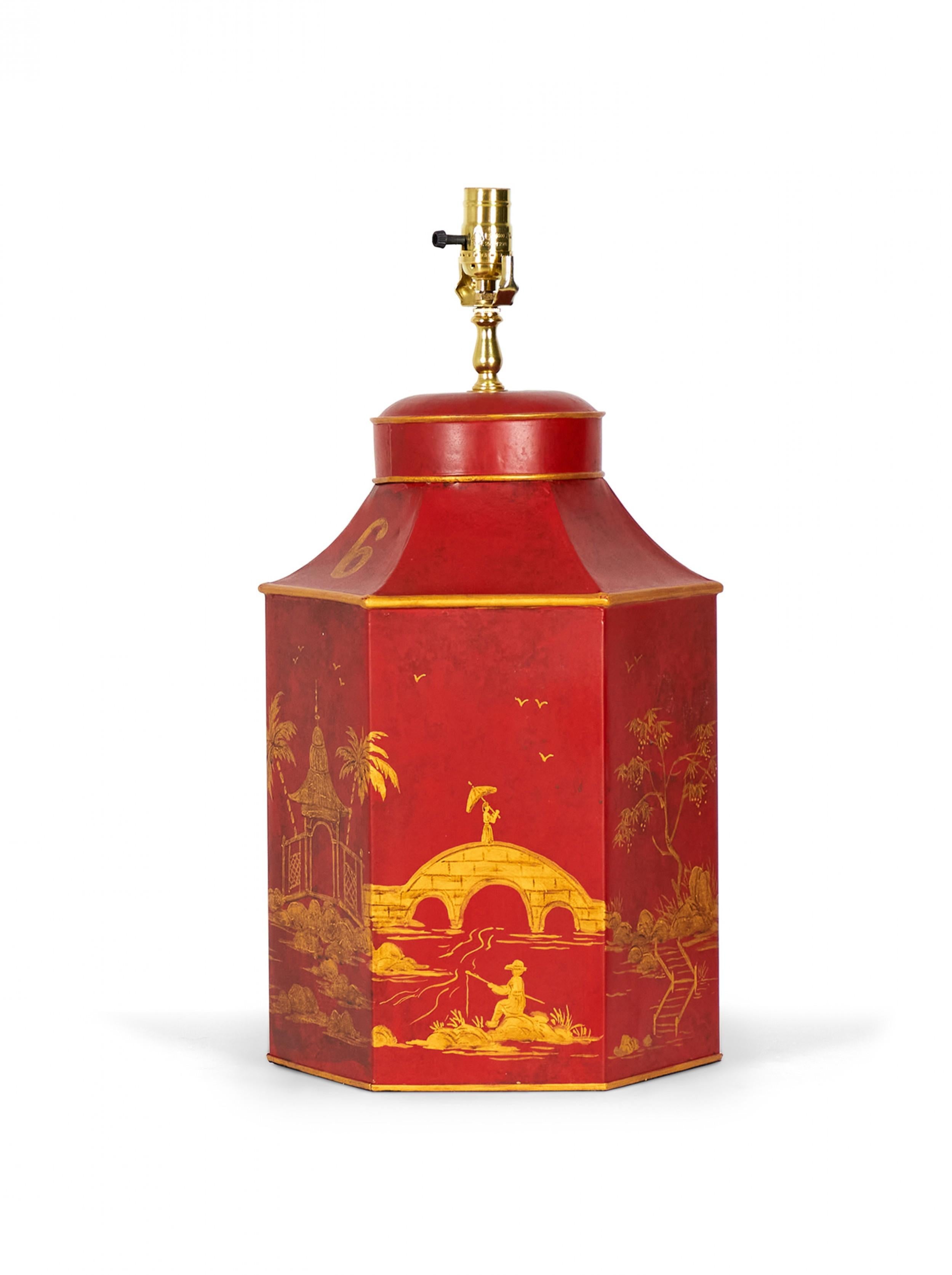 Brass Vintage English Chinoiserie Hexagonal Hand-Painted Tole Tea Caddy Table Lamp For Sale