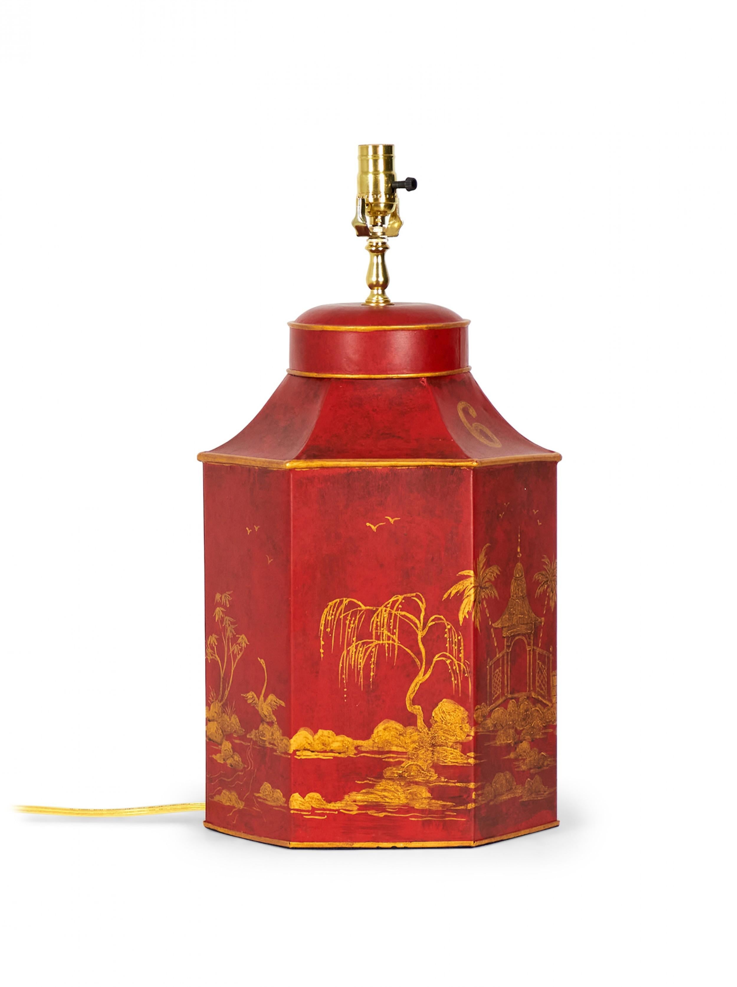 Vintage English Chinoiserie Hexagonal Hand-Painted Tole Tea Caddy Table Lamp For Sale 2
