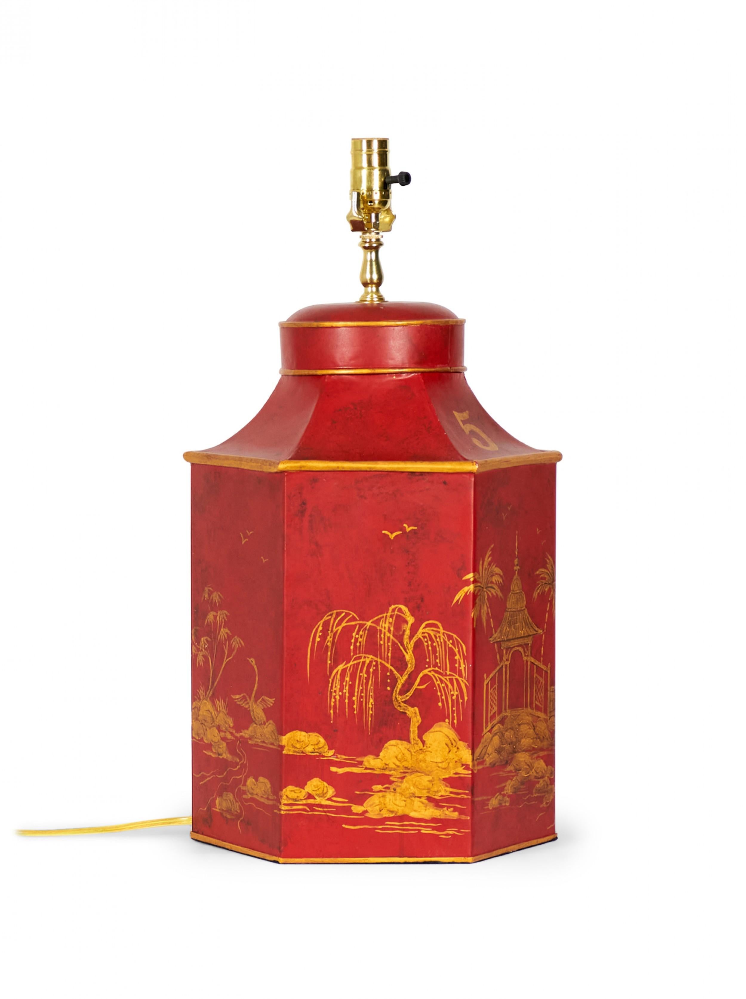Lampada da tavolo esagonale a tole dipinta a mano di cineseria inglese vintage in vendita 1