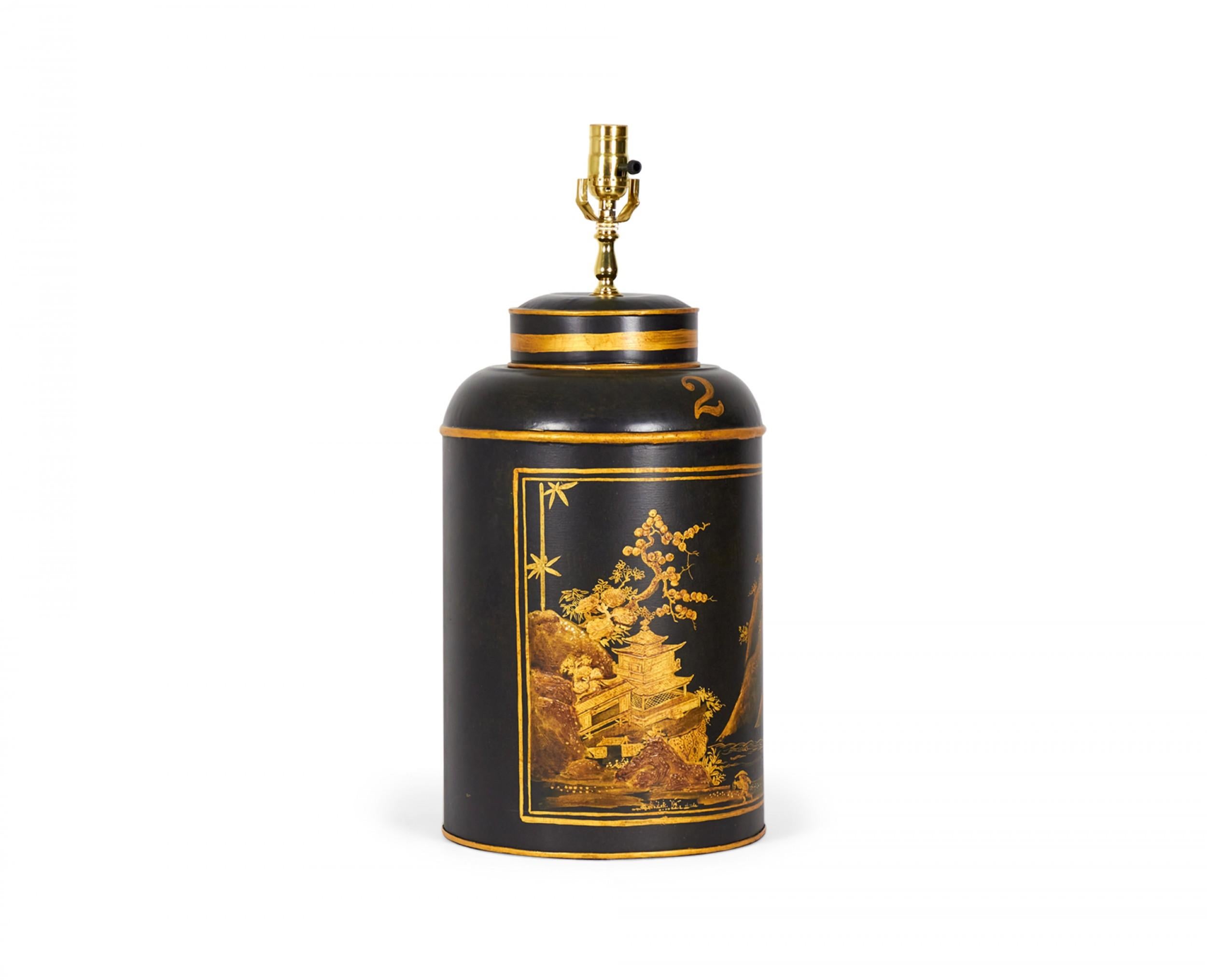 Vintage English Chinoiserie Landschaft Hand-Painted Tole Tea Caddy Tischlampe im Angebot 4