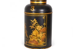 Vintage English Chinoiserie Landscape Hand-Painted Tole Tea Caddy Table Lamp