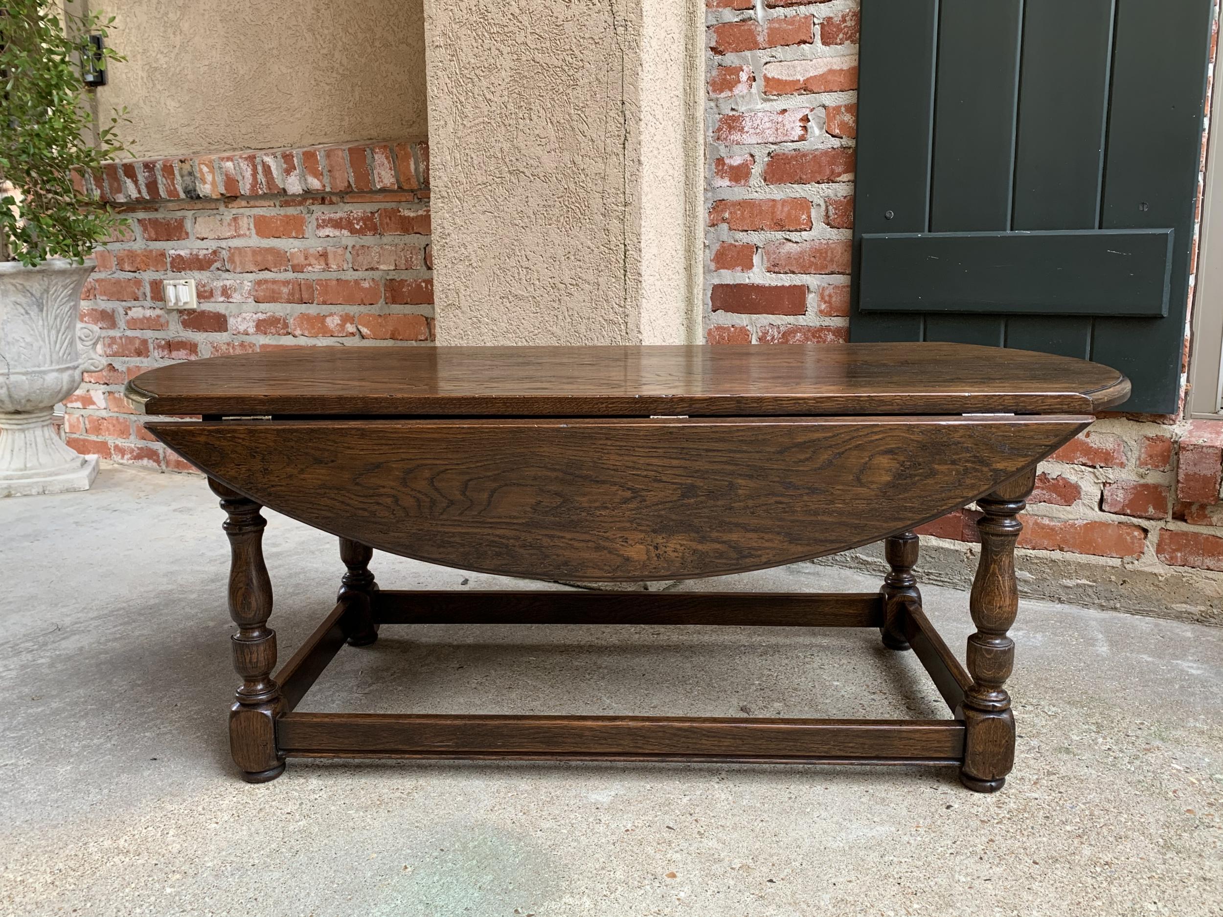 Vintage English Coffee Table Slender Drop-Leaf Jacobean Wake Table Style Oval 6