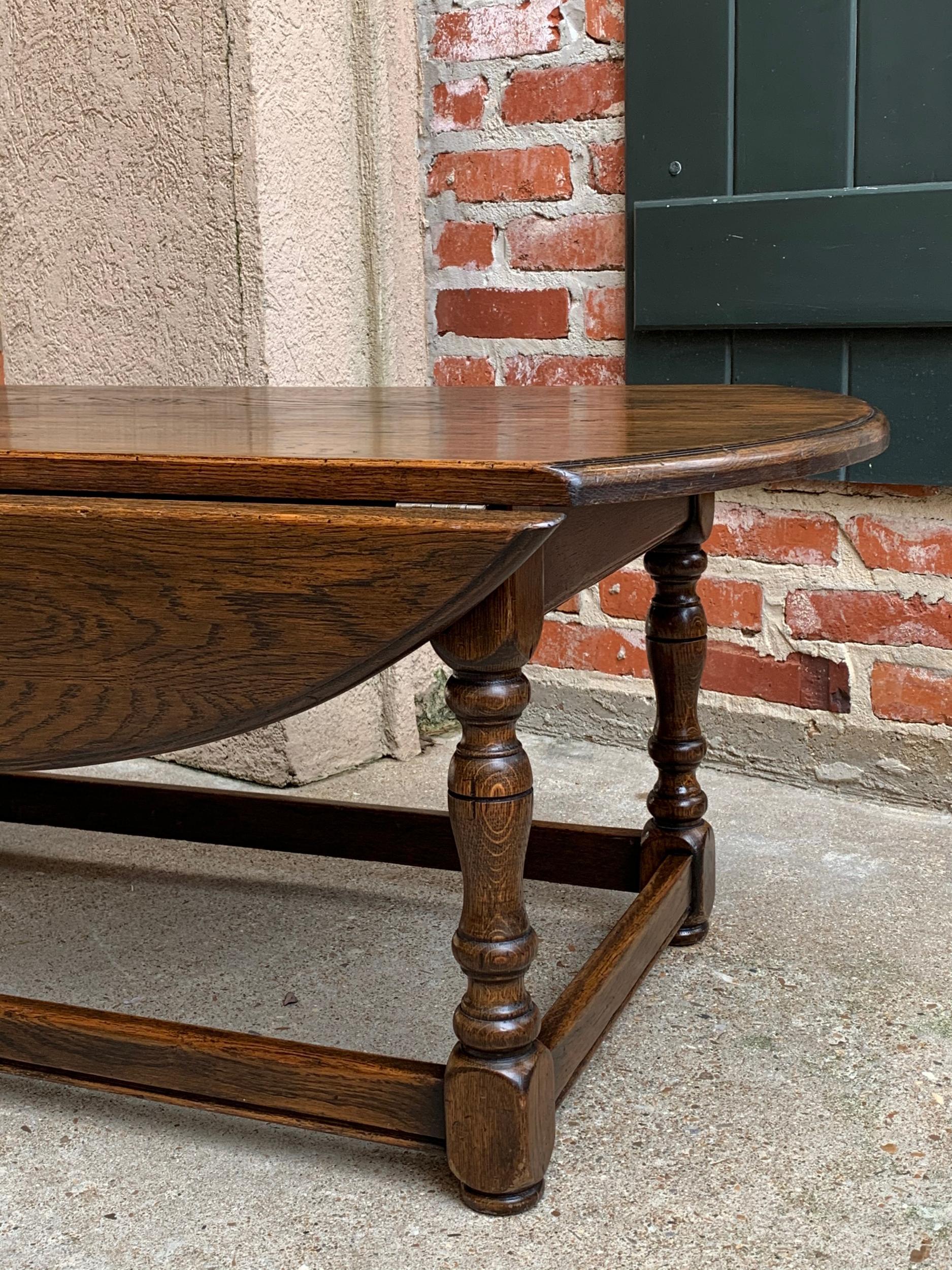 Vintage English Coffee Table Slender Drop-Leaf Jacobean Wake Table Style Oval 12
